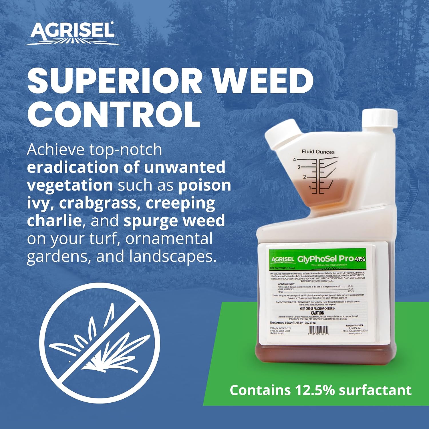 Agrisel GlyPhoSel Pro Weed Killer, Easy Mixing, Pet Safe, 128 Ounces | Tackles Hard-to-Kill Weeds, Low-Odor