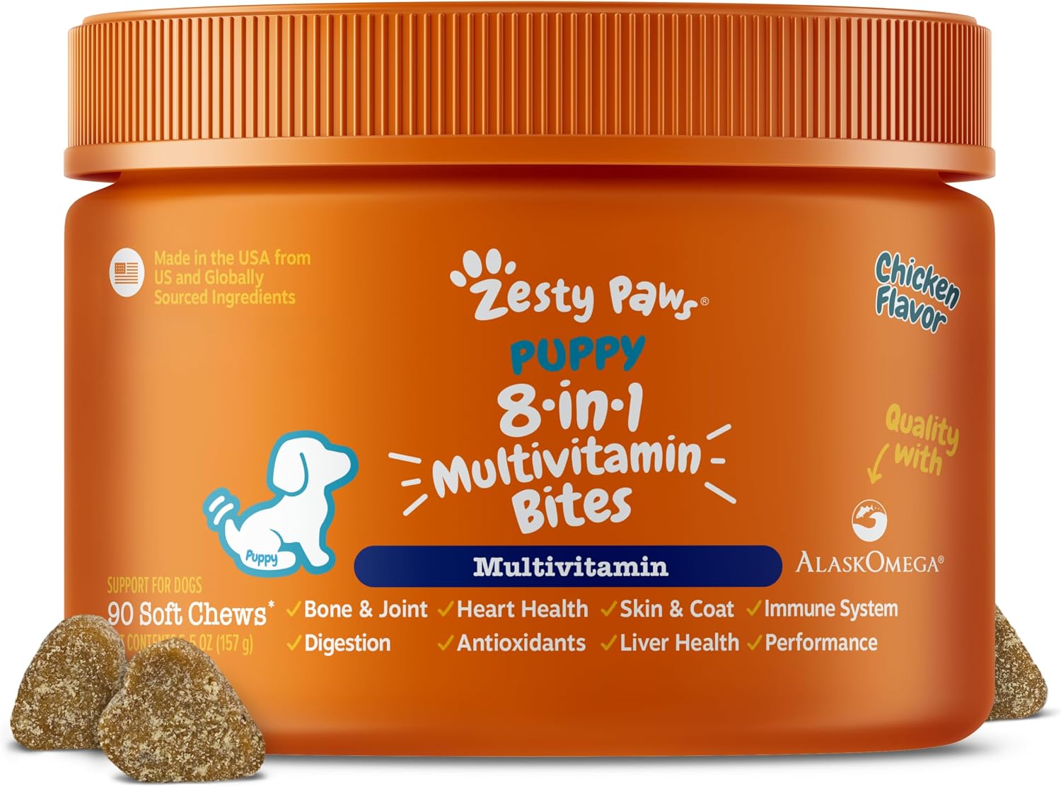 Zesty Paws Dog Multivitamin, Chewable Dog Vitamins and Supplements for Hip & Joints, Skin & Coat, Omega 3 Fish Oil for Dogs- Senior & Puppy Multivitamin- Chicken- 90ct
