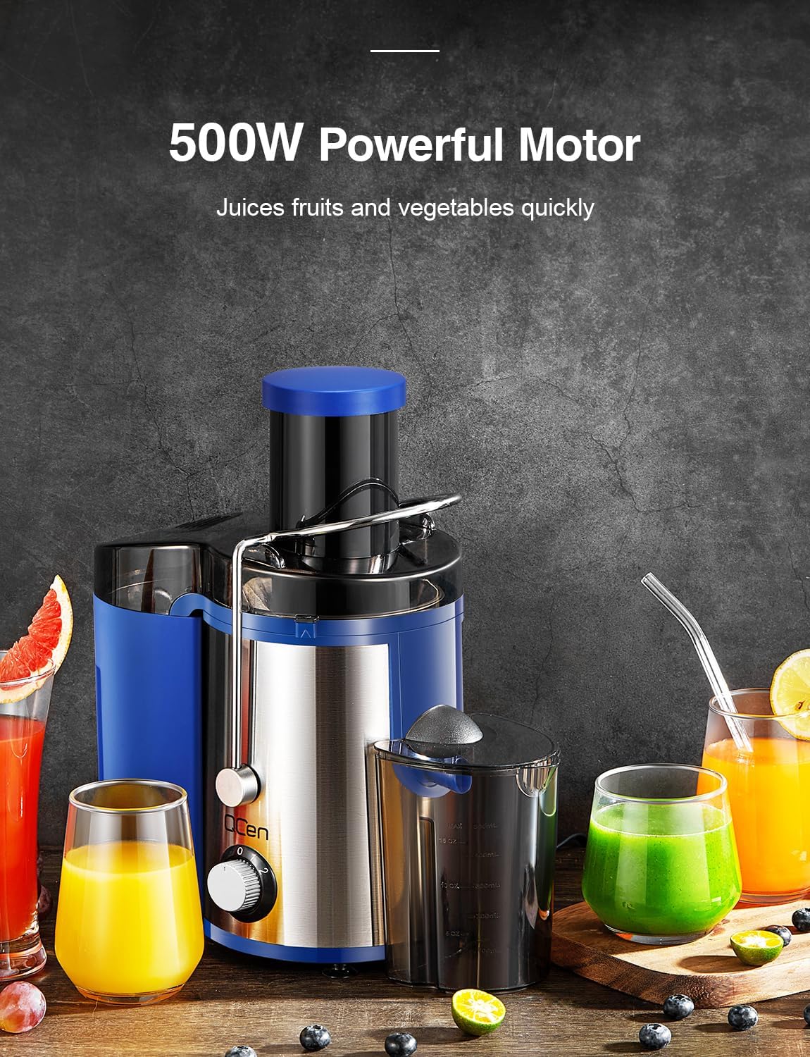 QCen Juicer Machine 500W Centrifugal Juicer with Extra Wide Feed Chute