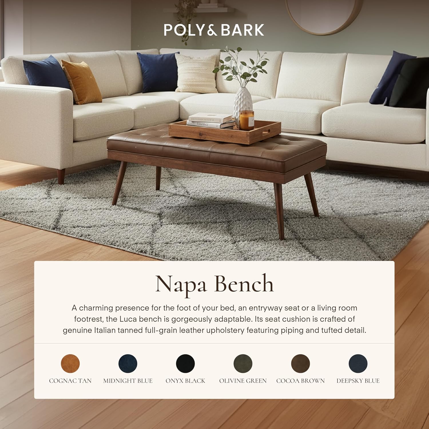 Poly & BARK 55" Tufted Leather Bed Bench for Bedroom End of Bed - Living Room Entry Way Bench - Pure Italian Leather Upholstery with a Solid Wood Frame - Ottoman Bench with Wooden Legs - Cognac Tan