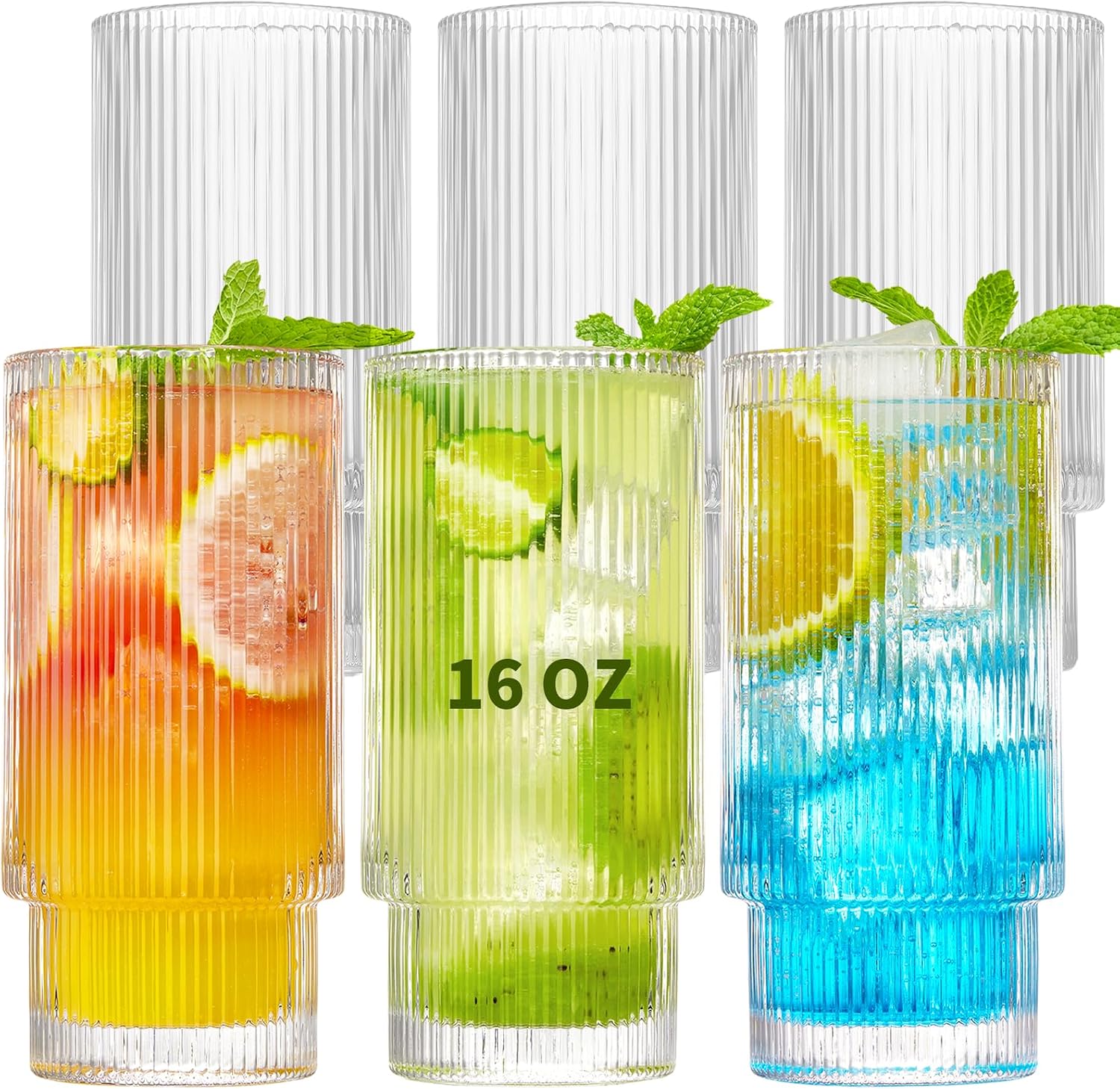 Qipecedm® 6 Pack Ribbed Drinking Glasses, 16 oz Vintage Glass Cups, Highball Glasses, Premium Iced Coffee Glasses, Clear Glass Tumbler
