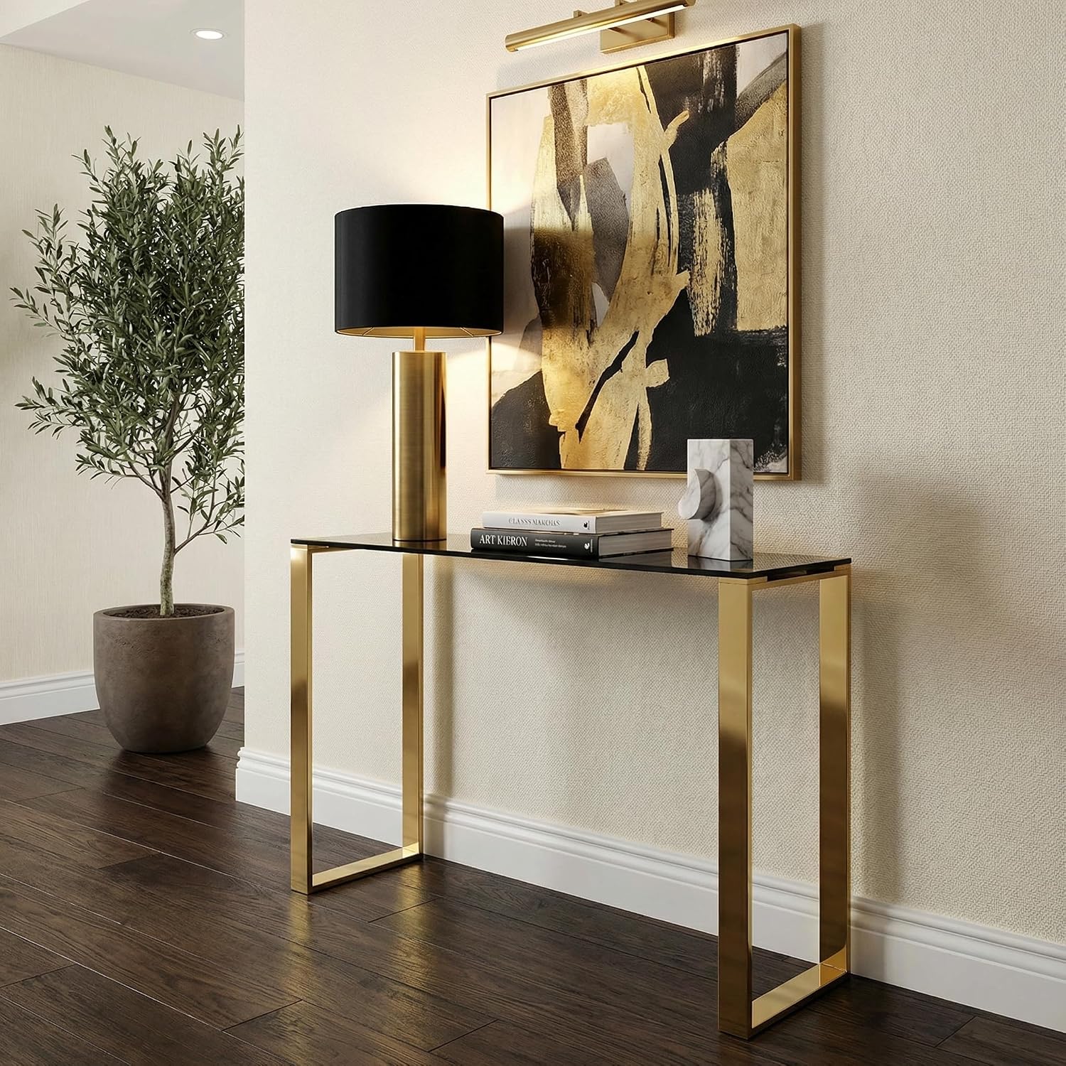 Cortesi Home CH-ET636045 Remini End Table, Gold Metal and Black Glass, End Table 18"