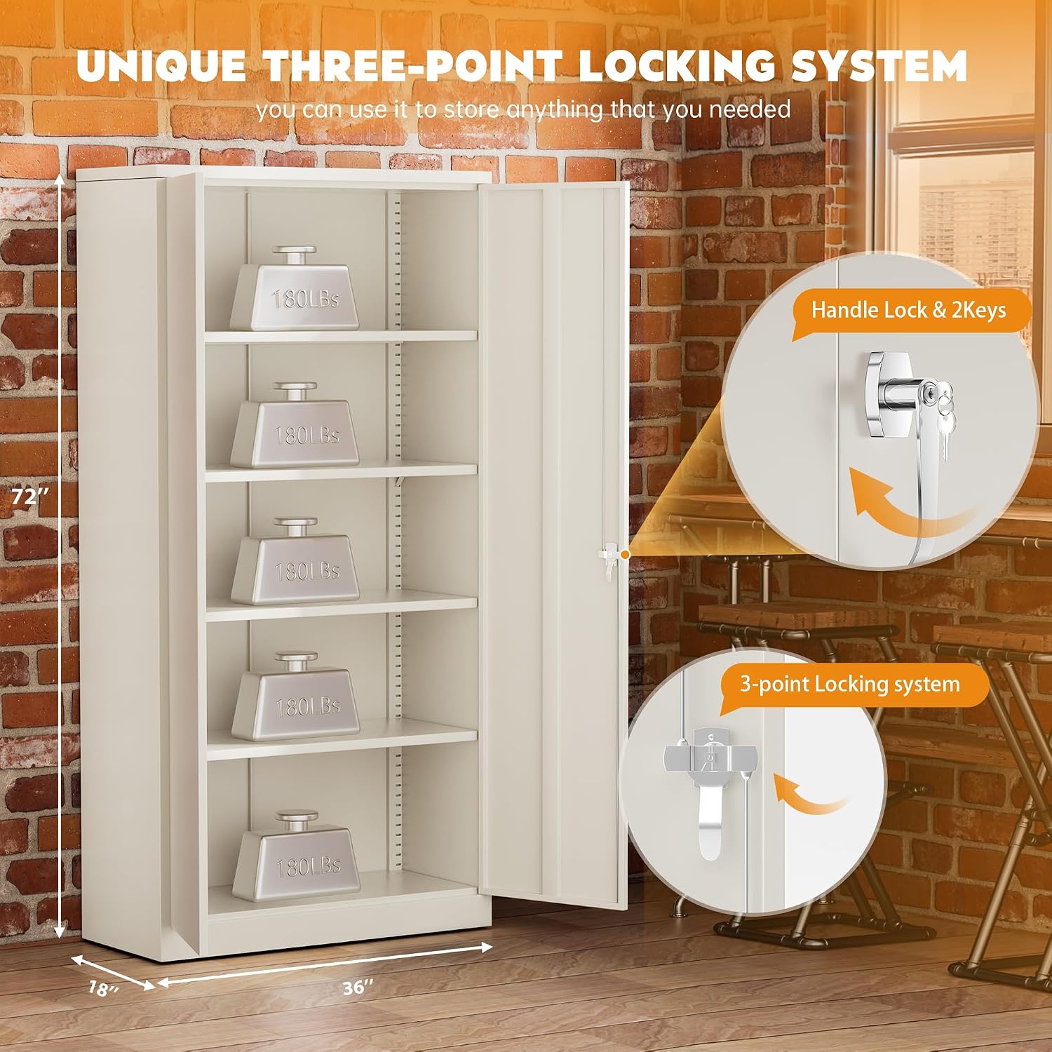 Greenvelly Steel SnapIt Storage Cabinet, 72" Locking Metal Garage Storage Cabinet with 4 Adjustable Shelves, 2 Doors and Lock for File, Office, Garage