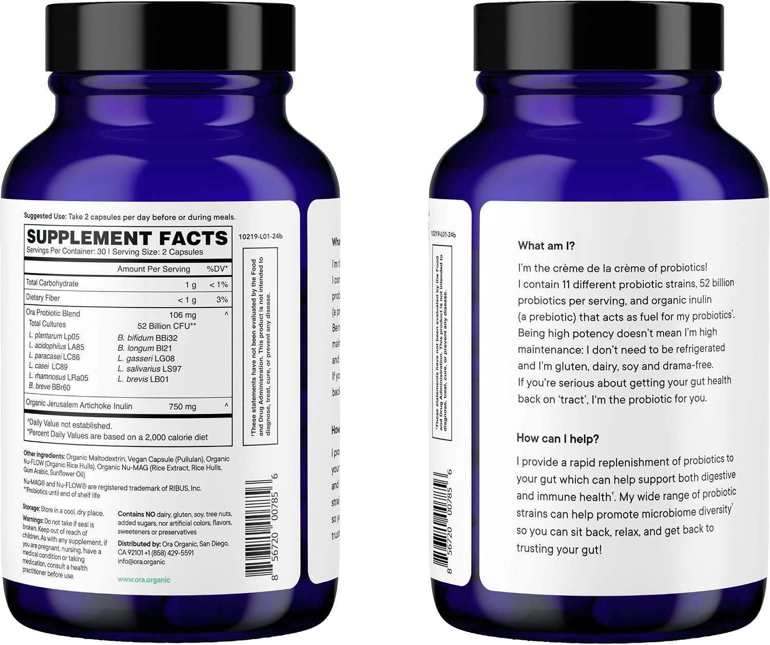 Ora Organic Vegan Probiotic and Prebiotic Capsules | 16 Billion Probiotics + Organic Prebiotics, Dairy-Free, Gluten-Free, for Sensitive Stomachs- 1 Month Supply (60 Capsules)