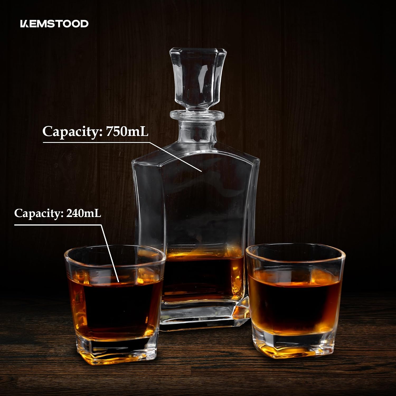 Kemstood Whiskey Decanter Sets for Men - Etched World Globe Design with Wood Stand & 2 Glass - Ideal for Dignified Drinking, Home Decor - Unique Whiskey Gifts for Men - 28 oz / 850 ml Capacity