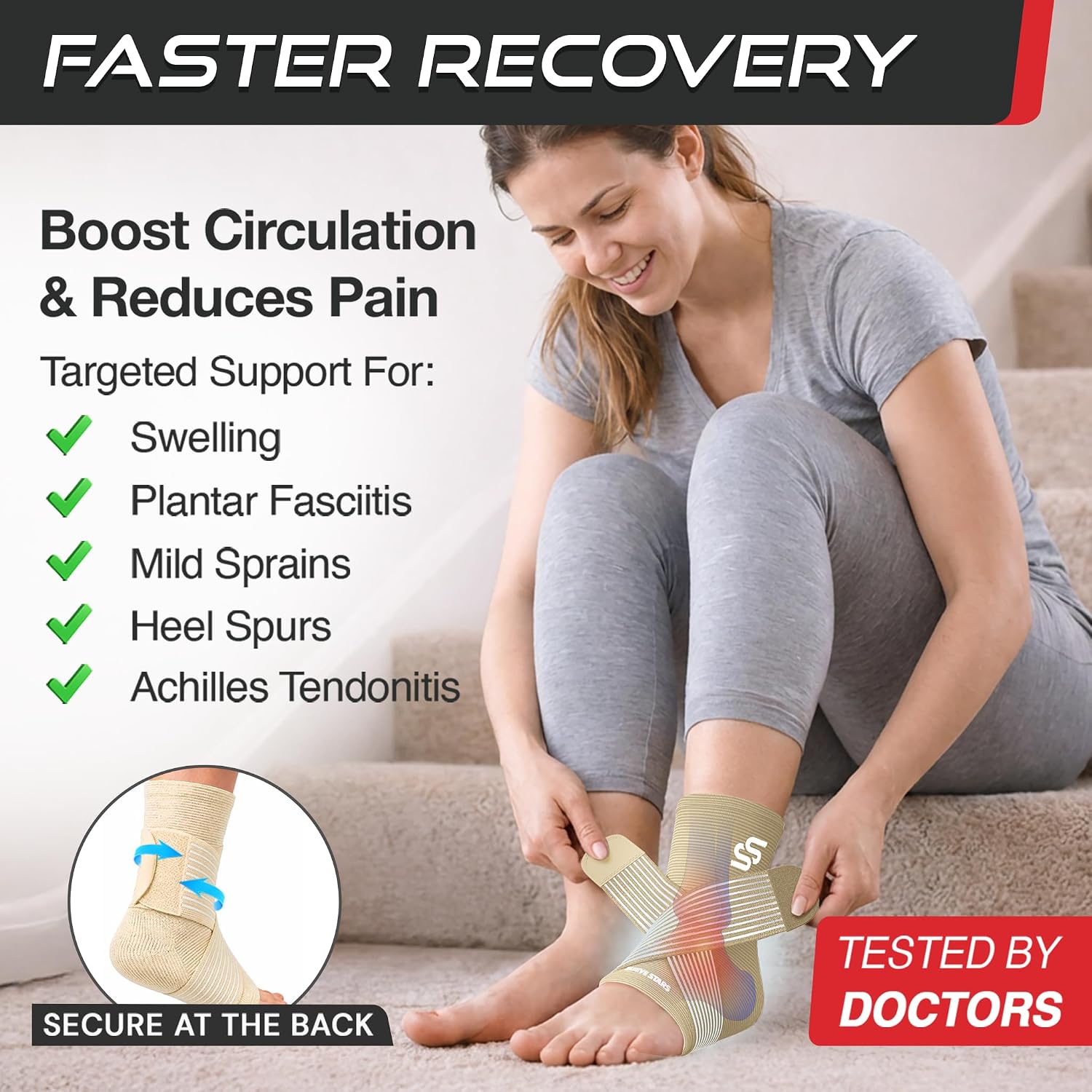 Sleeve Stars Ankle Brace for Women & Men, Ankle Wrap for Sprain, Compression Sleeve for Plantar Fasciitis Relief, Easy Customizable Support: w/ Removable Strap (Single/M:10"-12"/Black)
