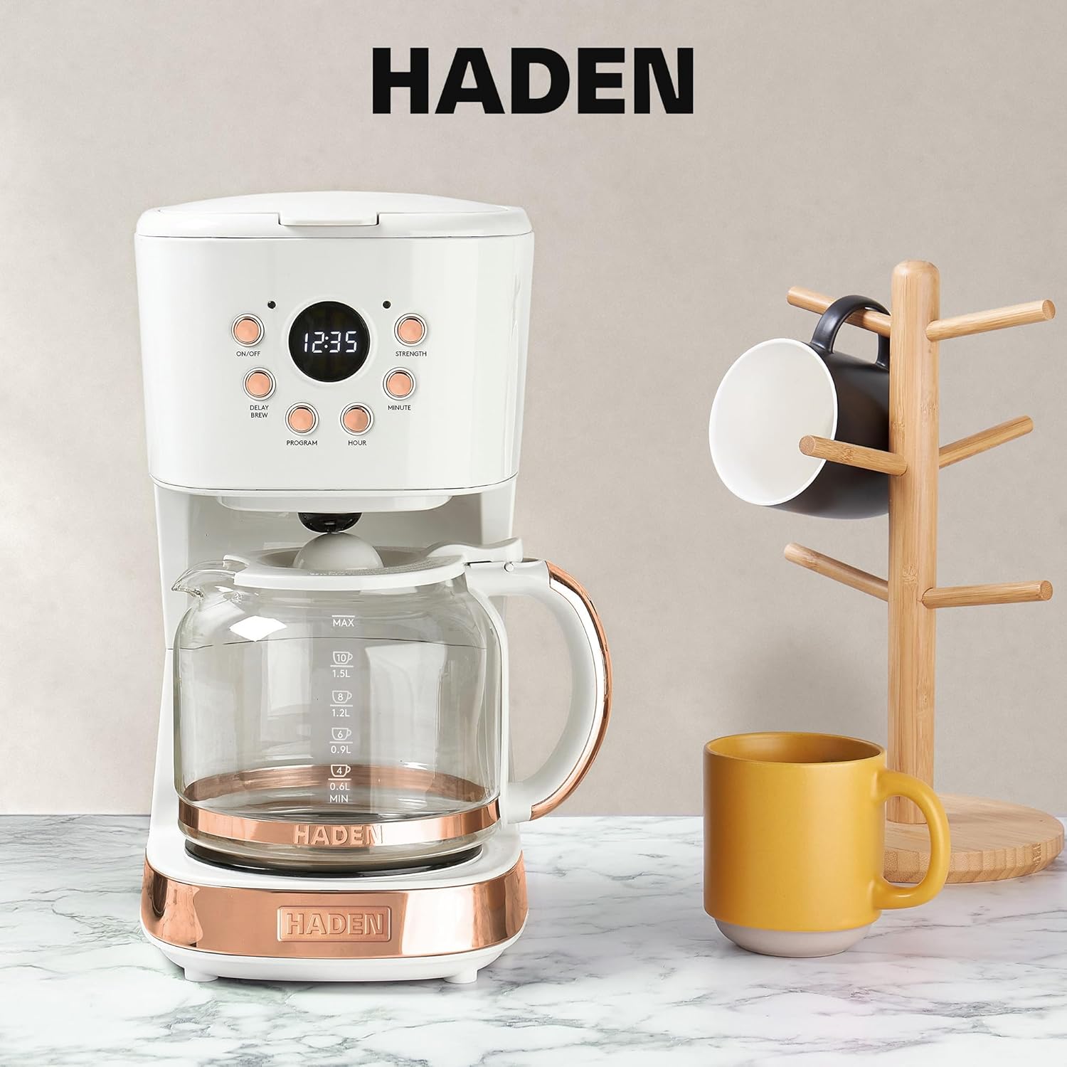 HADEN 12-Cup Programmable Coffee Maker for Home or Office, Putty & Chrome – Drip Brewer Machine with Brew Strength, Delay Brewing