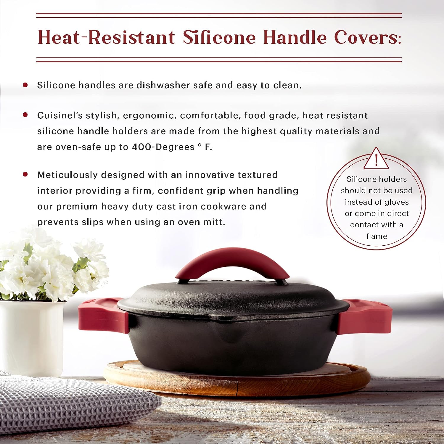 Cuisinel Cast Iron Skillet with Lid - 10"-Inch Pre-Seasoned Frying Pan + Glass Cover + Heat-Resistant Handle Holder - Indoor/Outdoor Use - Grill, Stove, Camp Firepit, Induction - Oven Safe Cookware