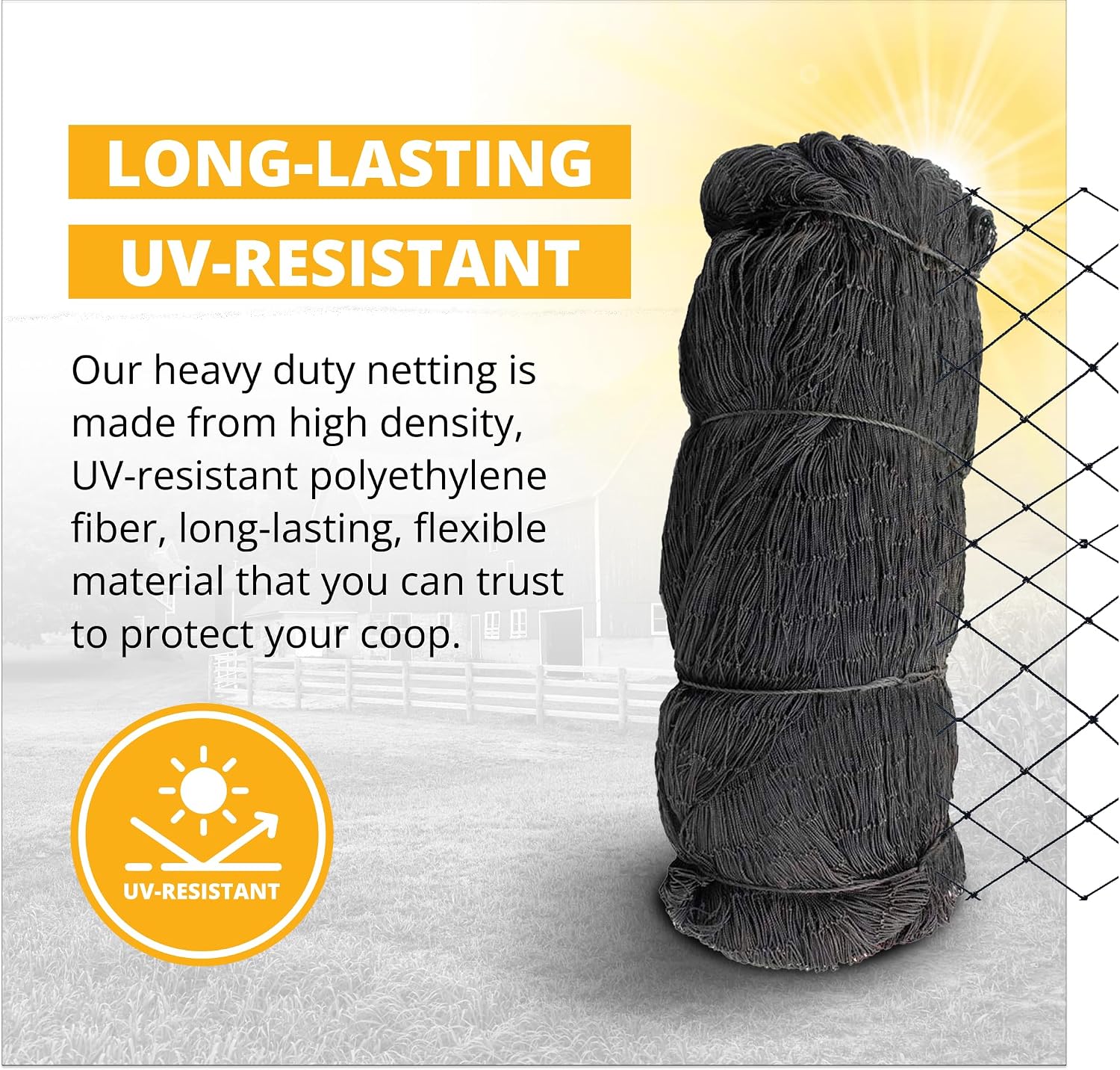 Stromberg’s 2” Mesh Heavy Duty Knotted Aviary Netting, UV Resistant Polyethylene Fiber for Game Birds, Pheasants & Poultry, 85 Lbs Break Strength Durable Against Weather and Predators, Size 25' x 50'