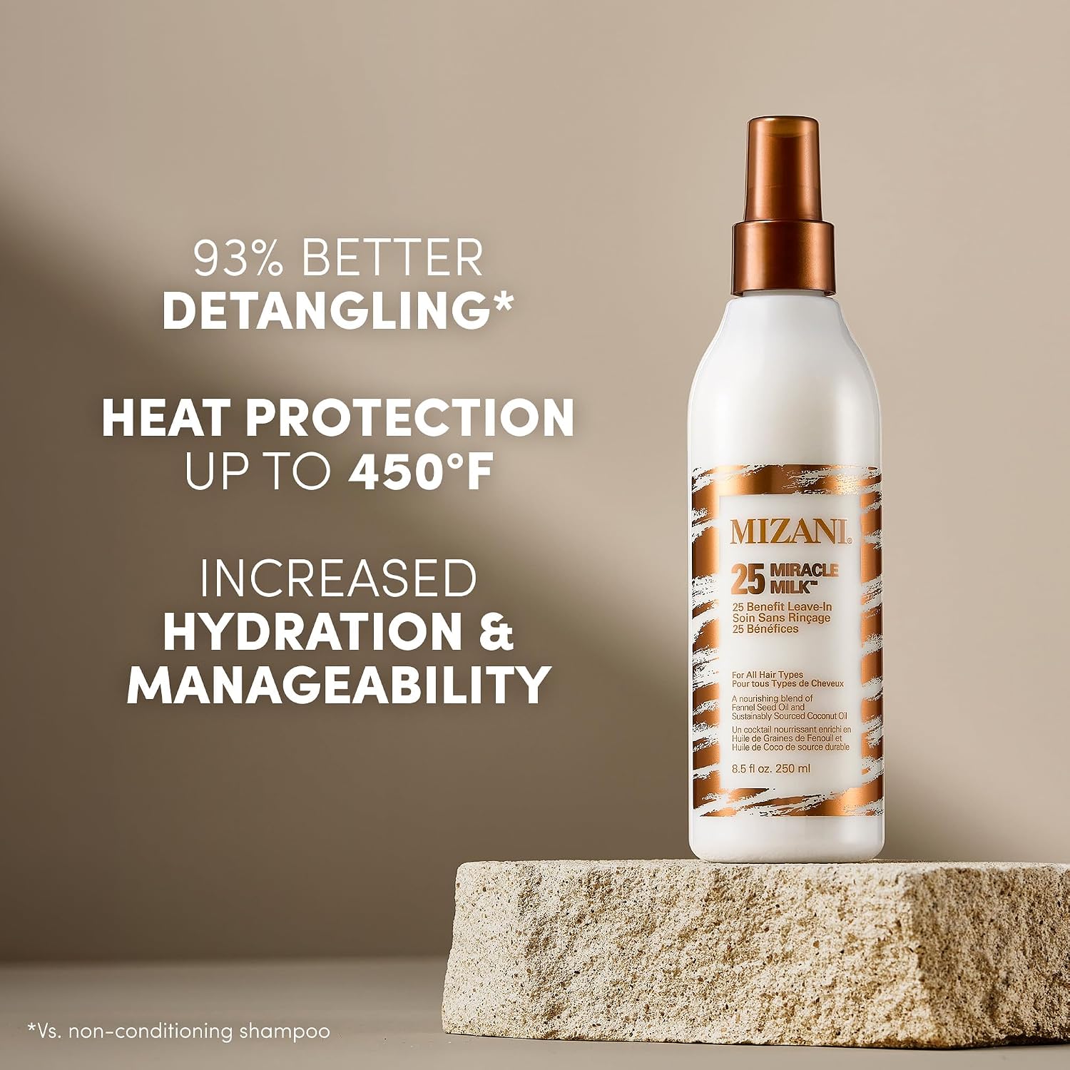 Mizani 25 Benefit Miracle Milk - Leave in Conditioner for Curly Hair, With Coconut Oil, Curl Detangler Spray, Anti Frizz Heat Protectant, No Drying Alcohols, Paraben-Free