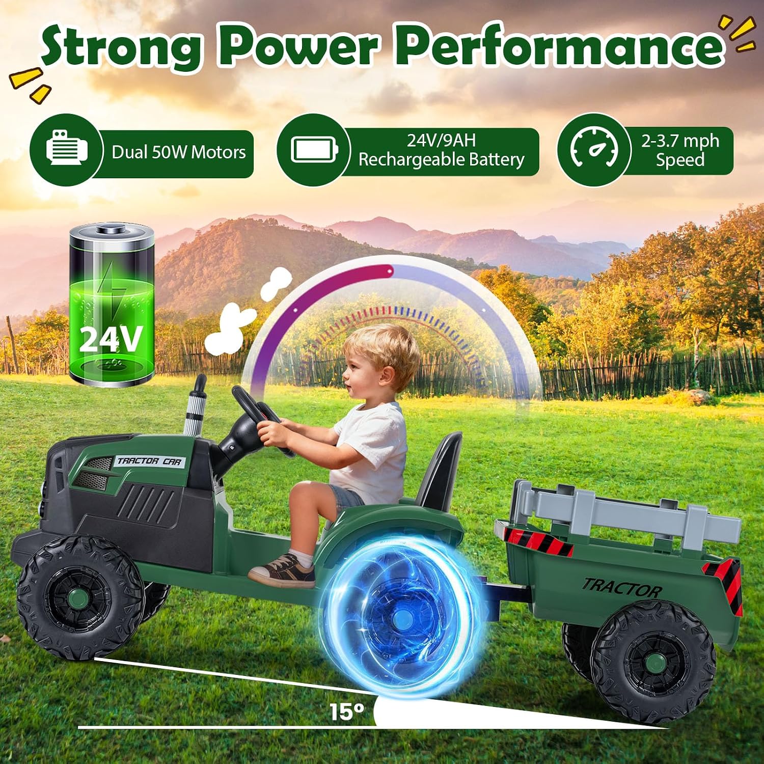 Costzon Ride on Tractor with Detachable Trailer, Kids' Electric Vehicles w/3-Gear-Shift Ground Loader, Wireless Design & USB, 7 LED Headlights