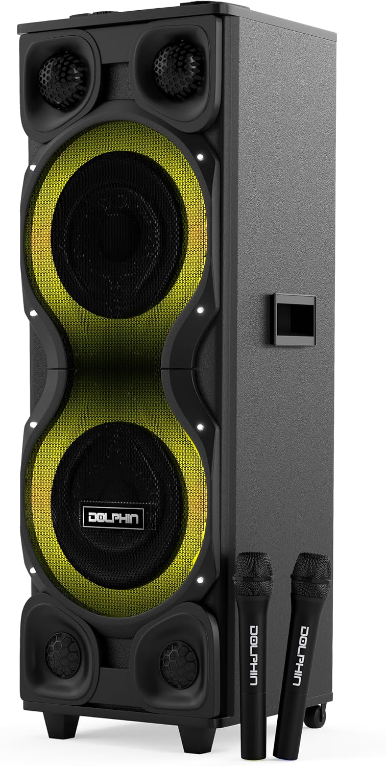 Dolphin Bluetooth Party Speaker with 2 Wireless Mics, Dual 12" Woofers | 120W Output, X-BASS, MDF Wood Cabinet, LED Infinity Lights, USB/TF/FM/AUX