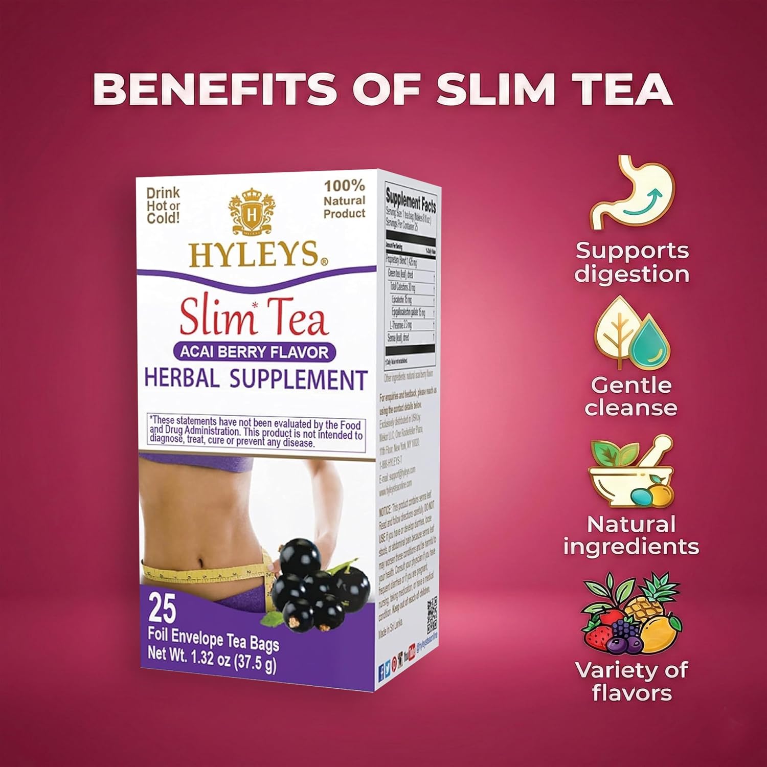 HYLEYS Slim Tea Goji Berry, Weight Loss Detox, Slimming Diet Tea, 25 Bags | Green Tea, Senna Detox & Cleanse, 3 Natural Ingredients, No Added Sugar, 1-Step Bedtime Routine, Supports Digestion