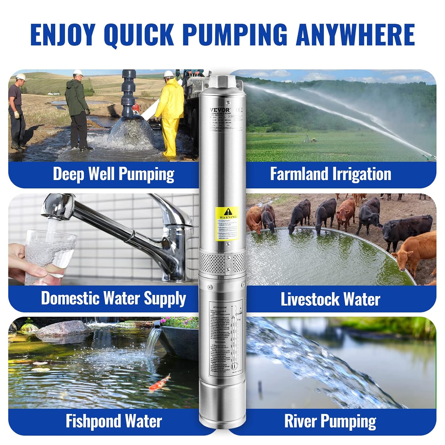 VEVOR Deep Well Submersible Pump, 1HP 115V/60Hz, 37gpm Flow 207ft Head, with 33ft Electric Cord, 4" Stainless Steel Water Pump for Industrial