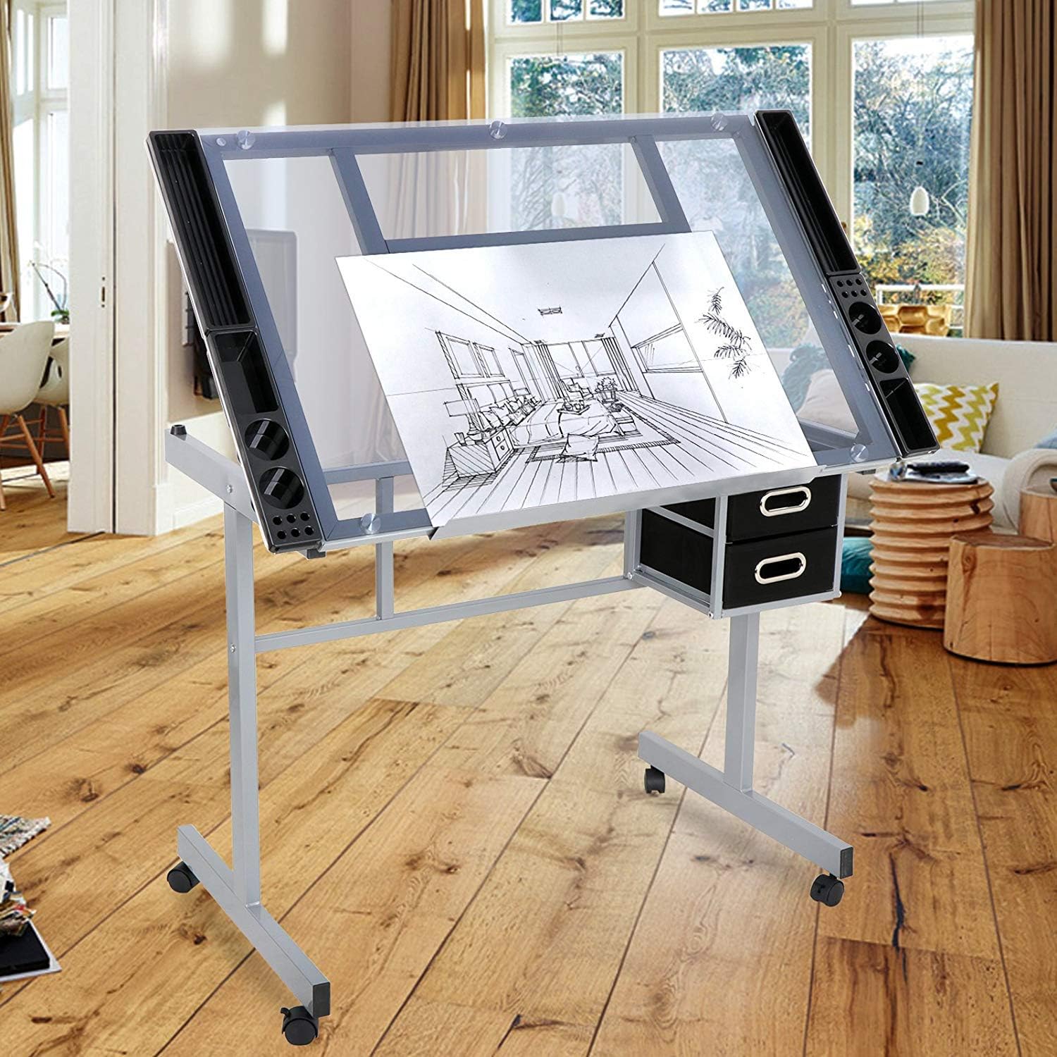 Adjustable Drafting Table Drawing Desk Art Craft Station Drafting Desk Glass Tabletop w/2 Slide Drawers and Wheels for Drawing, Sketching, Reading