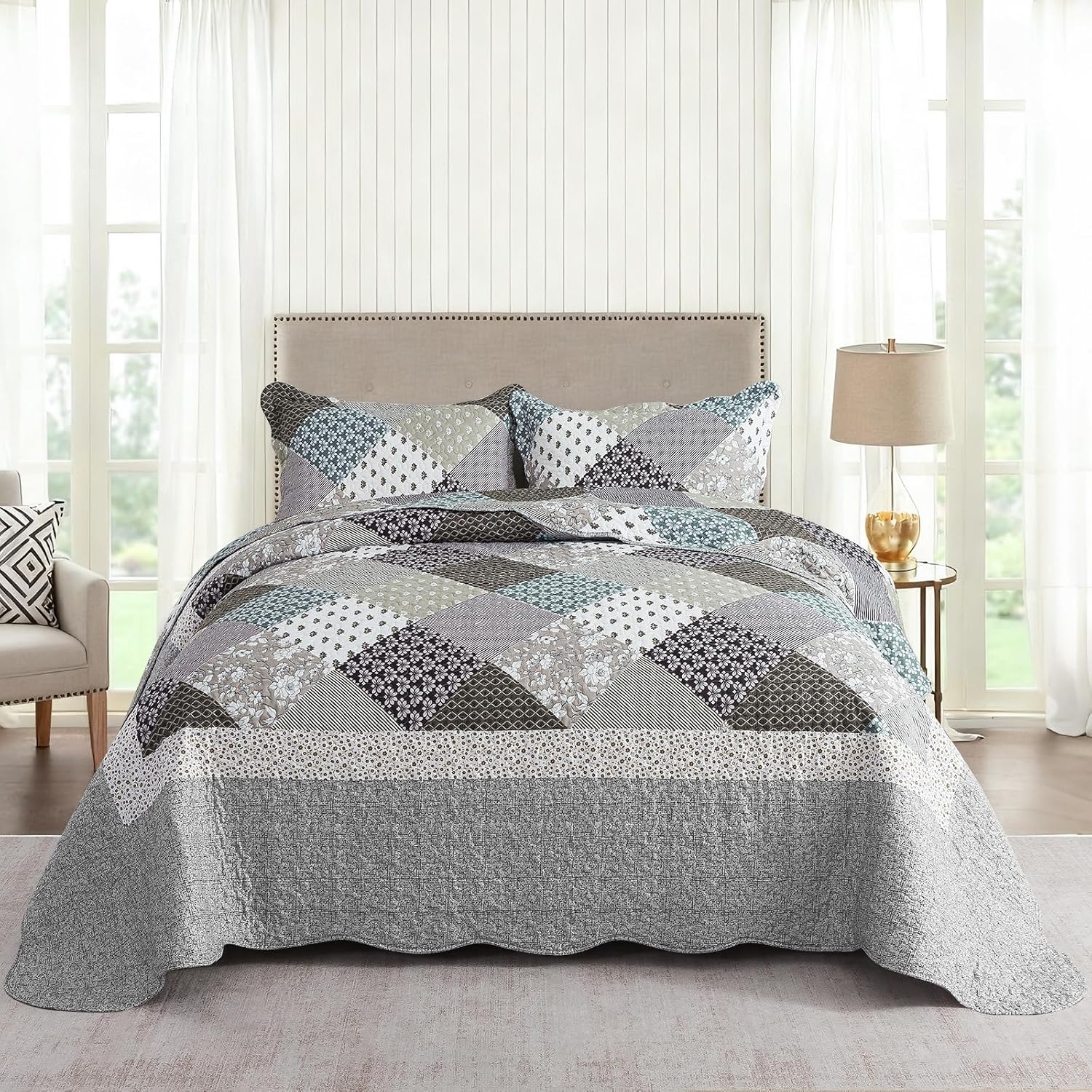 Striped Classical Cotton 3-Piece Patchwork Bedspread Quilt Sets, King Size