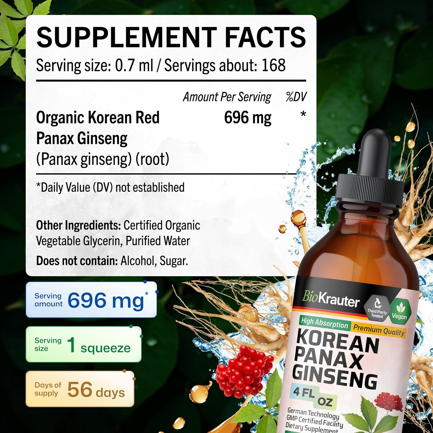 BIO KRAUTER Korean Panax Ginseng Tincture, Immune & Energy Support, 4 Fl.Oz