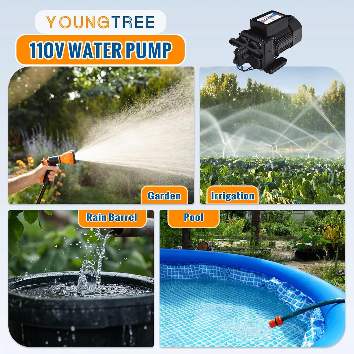 YOUNGTREE RV Water Pressure Diaphragm Pump 110V 4.0GPM 50PSI On Demand Fresh Water Transfer Pump 110Volt AC with Garden Hose Adapters for Irrigation Home Pool Draining Sprinkler