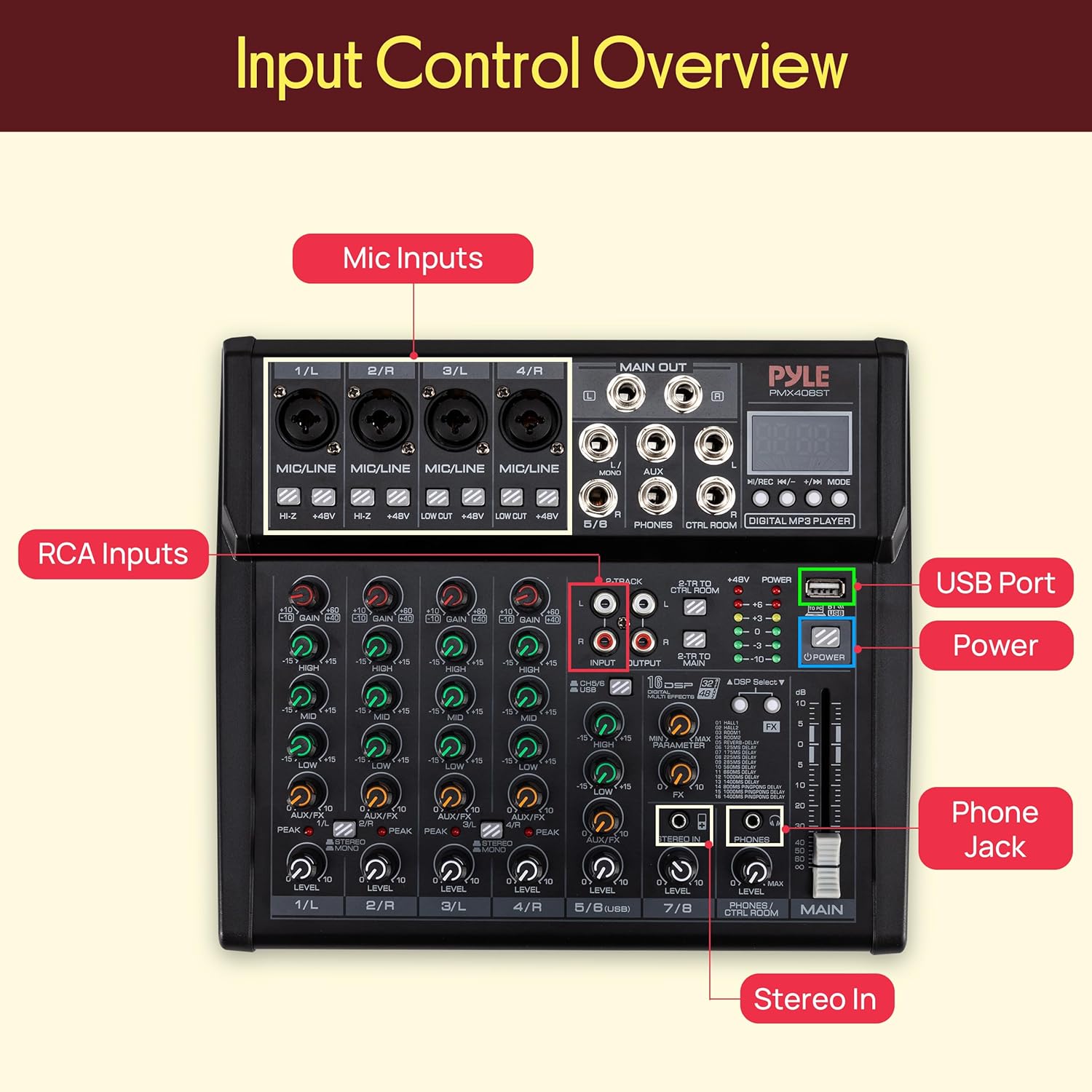 Pyle Professional Wireless DJ Audio Mixer - 4 Channel Bluetooth Controller Sound Mixer, USB Audio Interface
