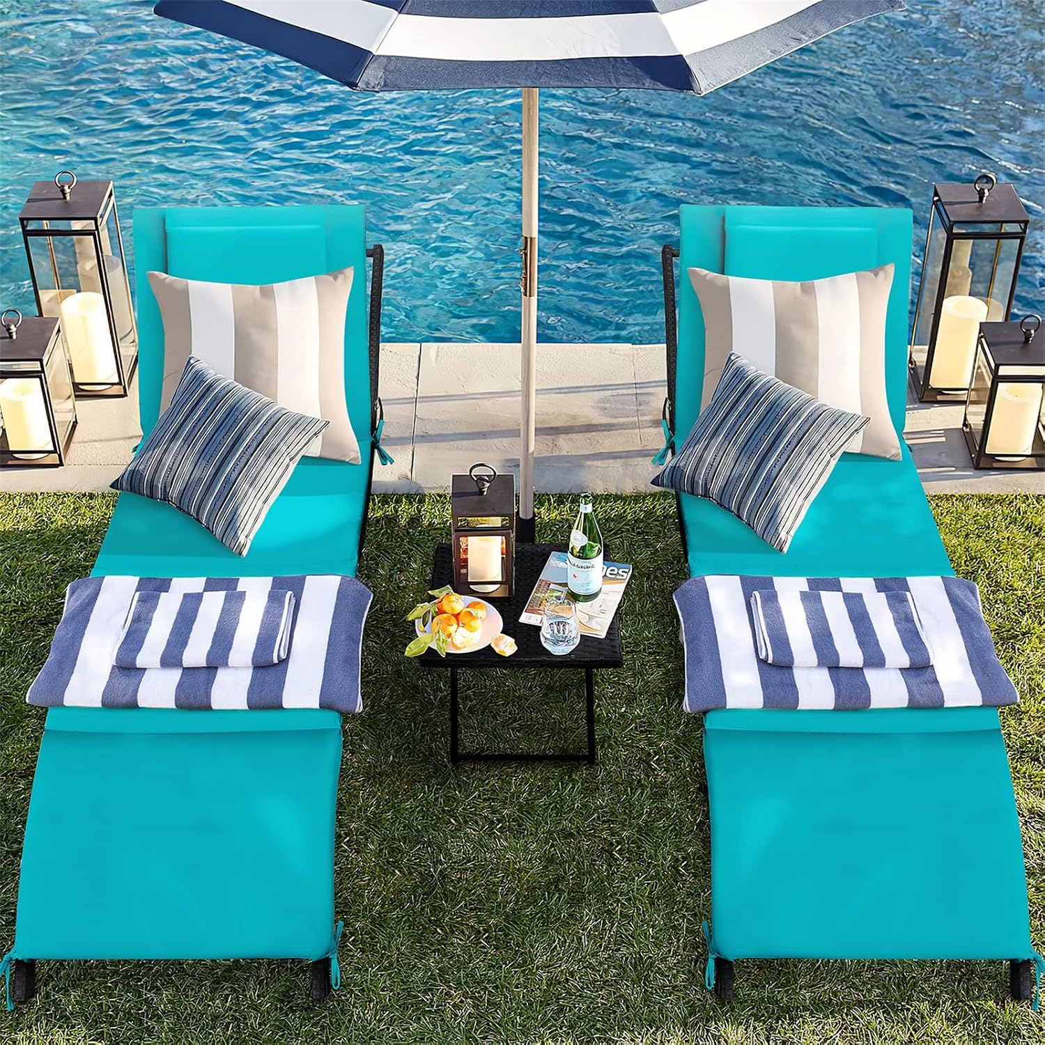 GUNJI Lounge Chairs for Outside 3 Pieces Patio Adjustable Chaise Lounge Outdoor Wicker Lounge Chairs Set of 2 with Table Folding Chaise Lounger for