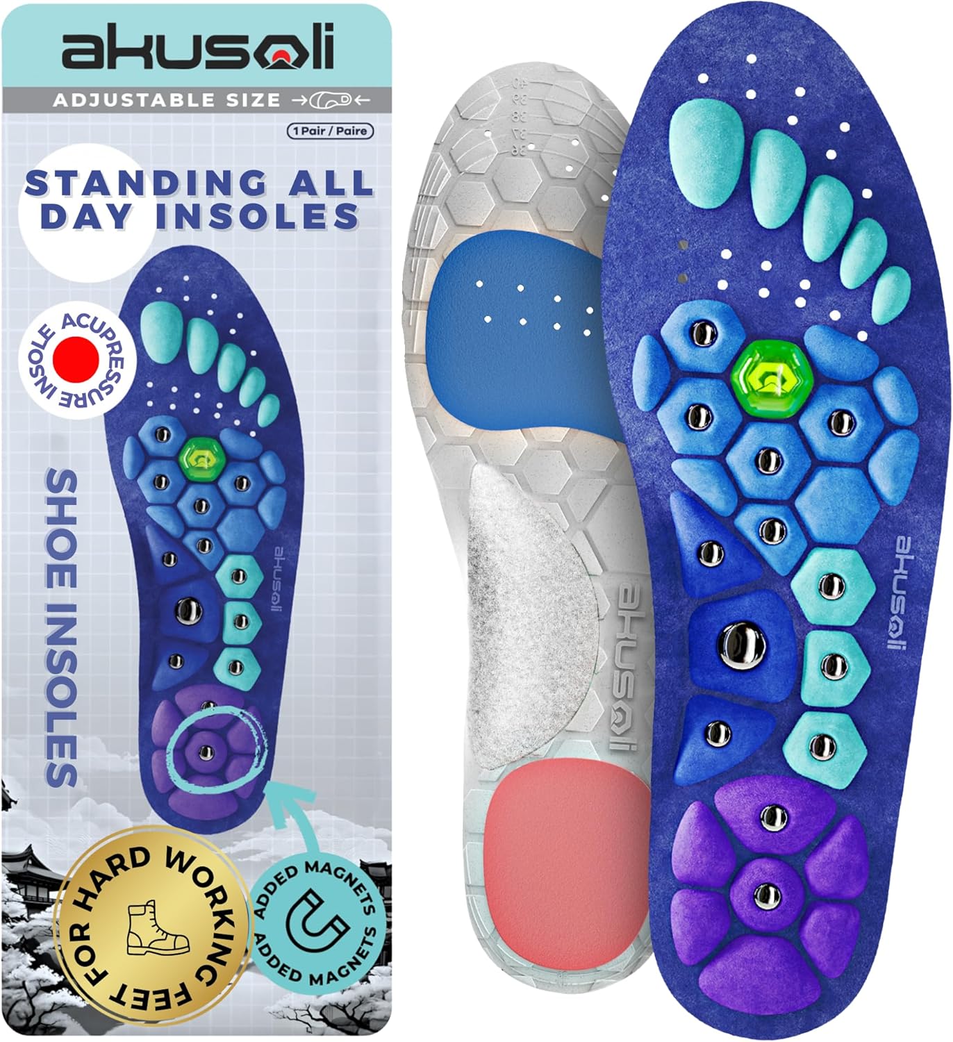 Akusoli Velumi Insoles for Woman, Shoe Insert S/M Women 5–10 Men 5.5–8 | Magnetic High Arch Support Inserts for Flat Feet