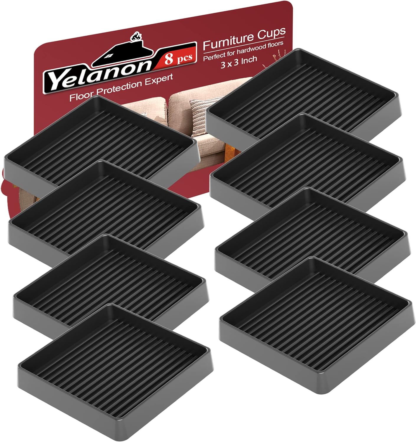 Yelanon Furniture Coasters 8 Pcs 3" Square Brown Caster Cups for Hardwood