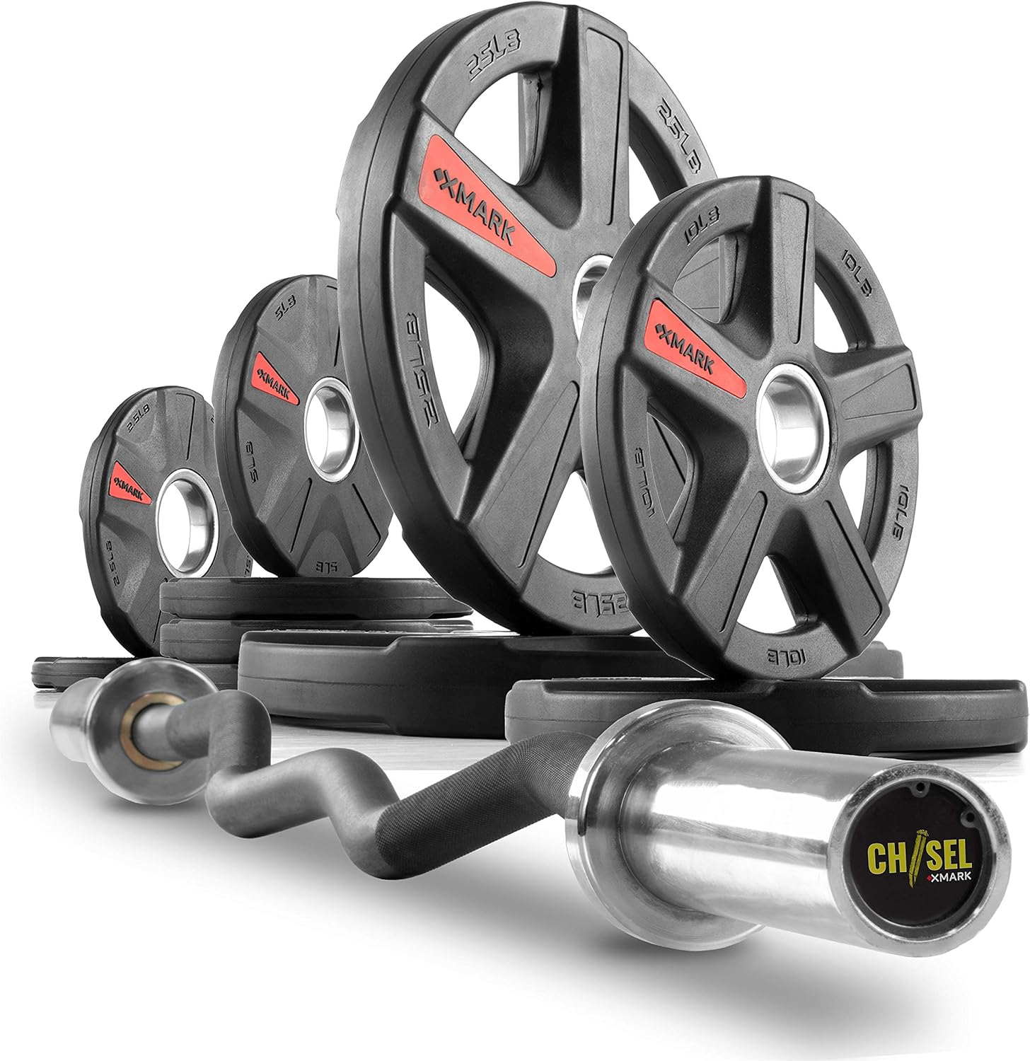 XMark EZ Curl Olympic Bar Set - CHISEL Bar With TEXAS STAR Plates, Weight Set and Barbell