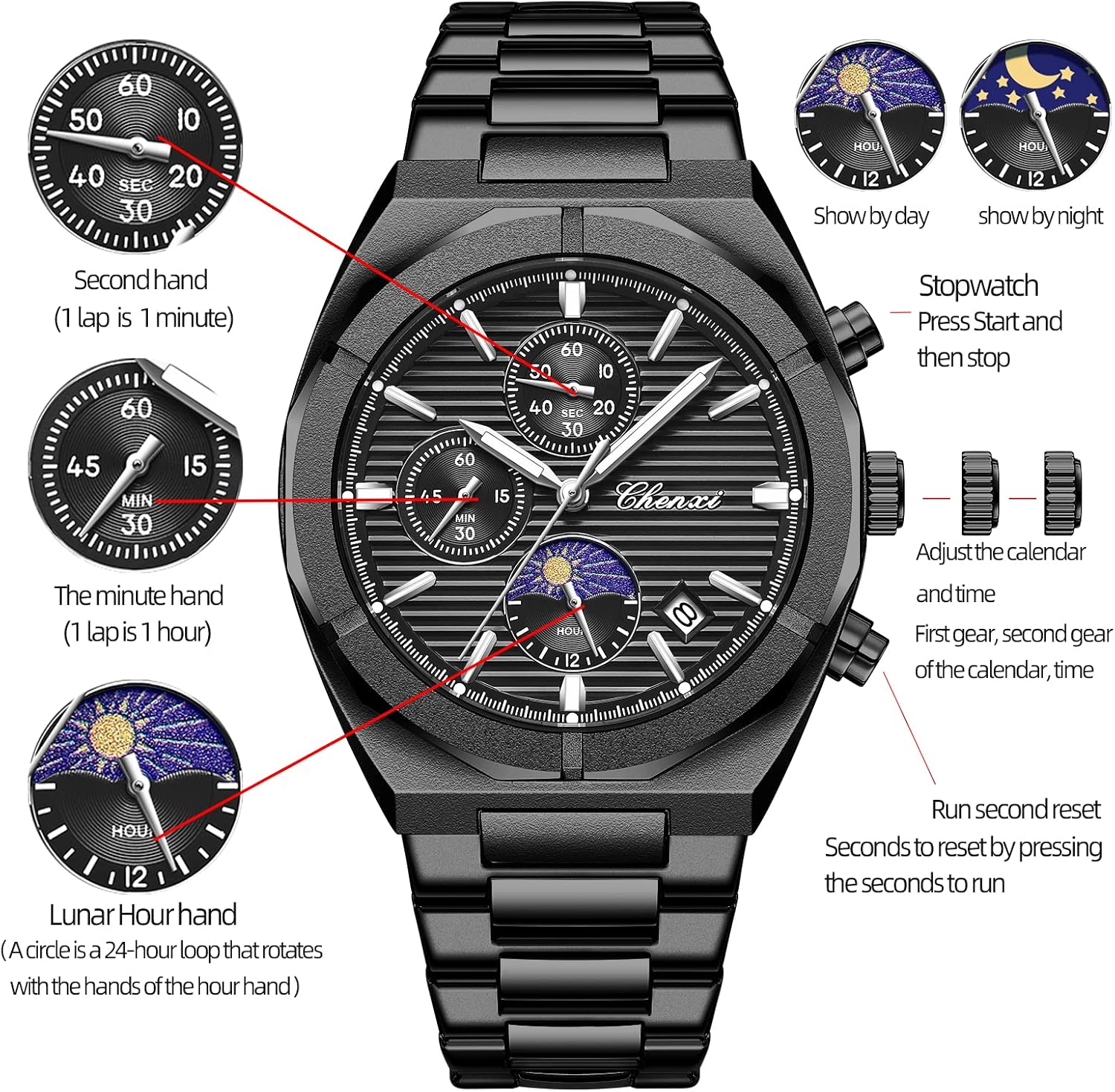 FANMIS Luxury Unisex Gold Crystal Quartz Calendar Gold Silver Two Tone Stainless Steel Watch