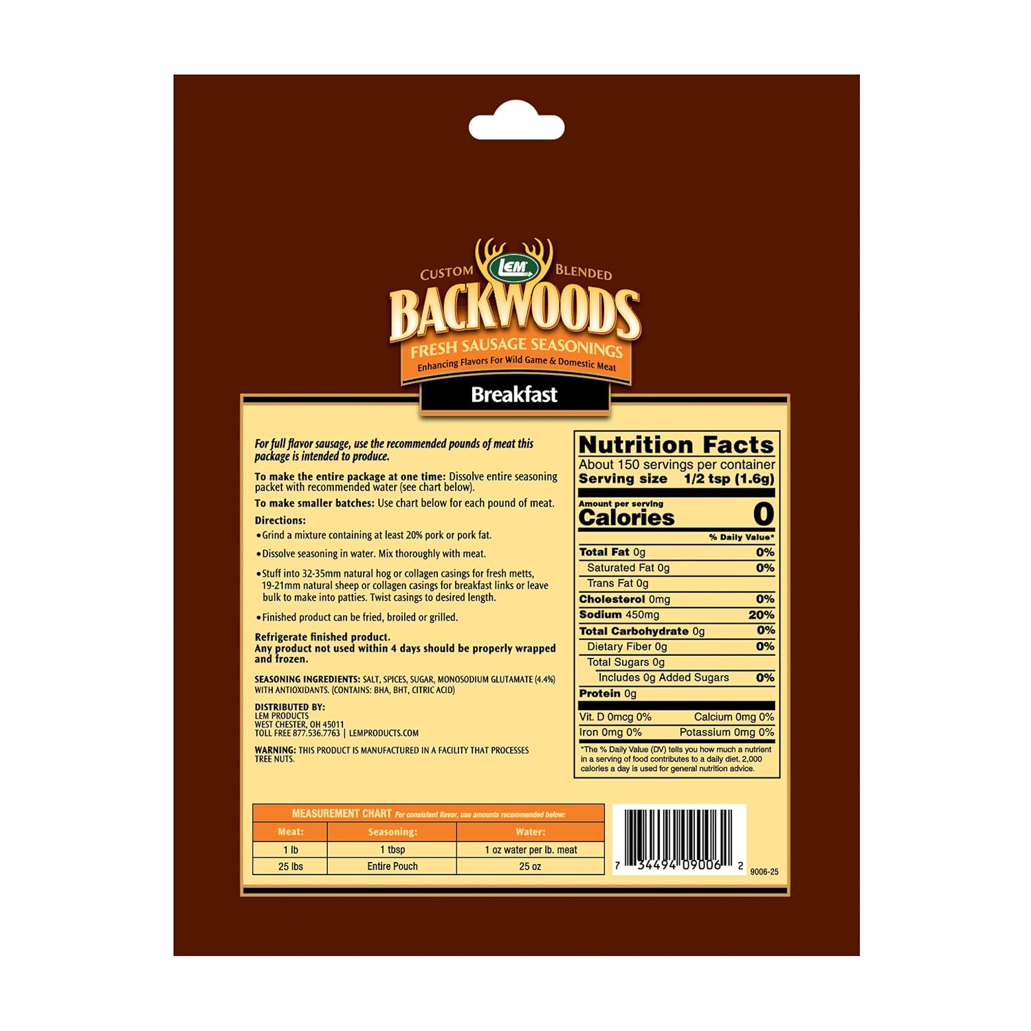 LEM Products Backwoods Breakfast Fresh Sausage Seasoning, 8.3 oz Packet | Pre-Measured Seasoning for Wild Game and Domestic Meat, Seasons Up to 25 Pounds of Meat for Homemade Patties and Sausages