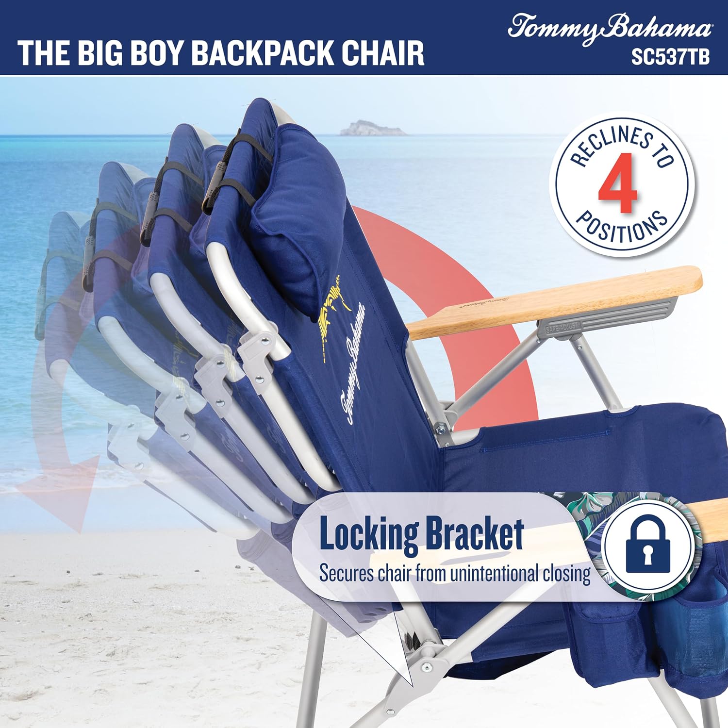 Tommy Bahama Wide Seat Big Boy 4-Position Folding 13" High Seat Backpack Beach or Camping Chair, Navy