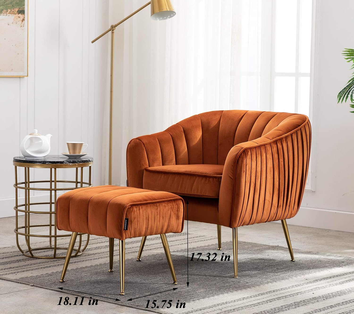 Velvet Modern Tub Barrel Arm Chair Upholstered Tufted with Gold Metal Legs Accent Club Chair with Ottoman Footrest for Living Reading Room Bedroom