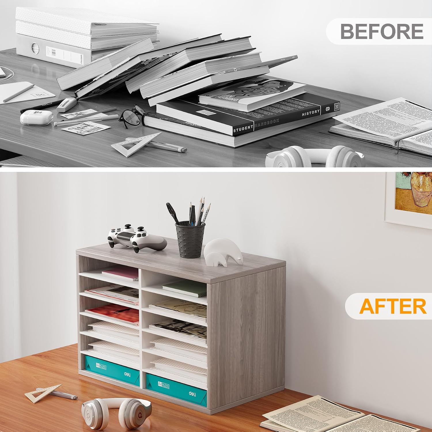 EasyPAG 12 Compartments Wooden Literature Organizer with Adjustable Shelves, 6000 Sheets Capacity Paper Organizer