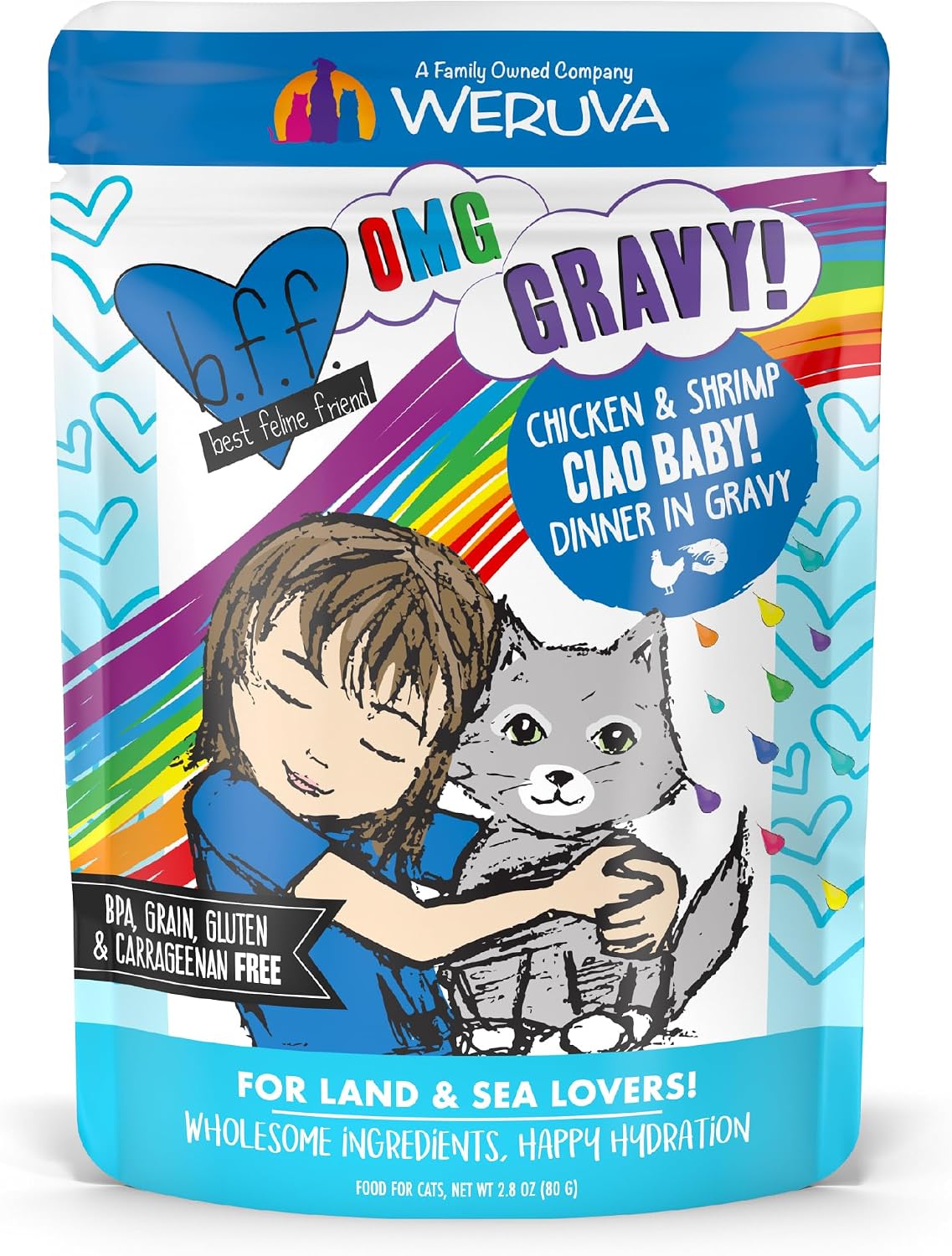Weruva B.F.F. OMG - Best Feline Friend Oh My Gravy!, Tuna & Salmon Sweet Cheeks with Tuna & Salmon in Gravy Cat Food, 3oz Pouch (Pack of 12)