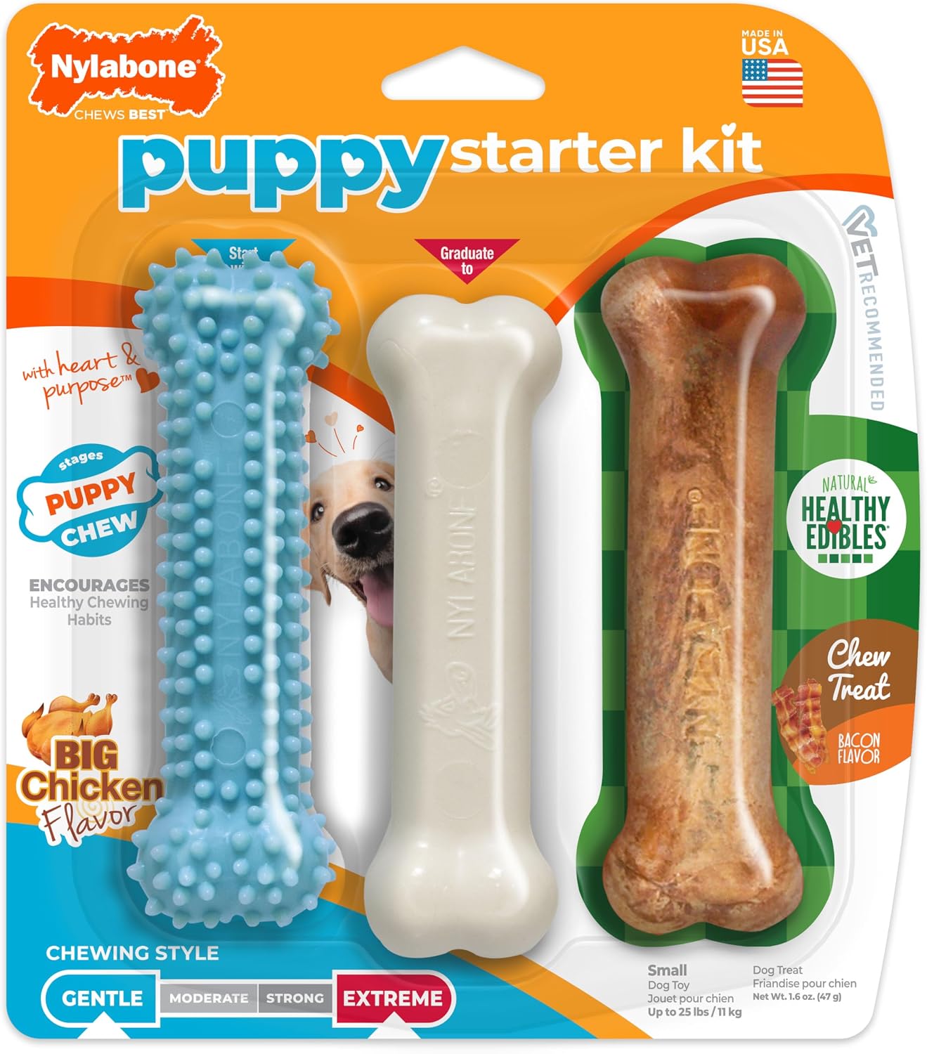 Nylabone Puppy Pacifier Chew Toy, Teething Toys for Puppies up to 25 lbs | Puppy teething toys with bacon flavor, soft material, textured nubs massage gums