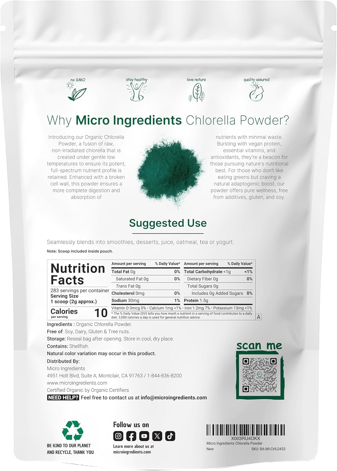 Micro Ingredients Organic Chlorella Powder, 20 Ounces | Broken Cell Wall for Complete Absorption | Raw Superfood Supplement