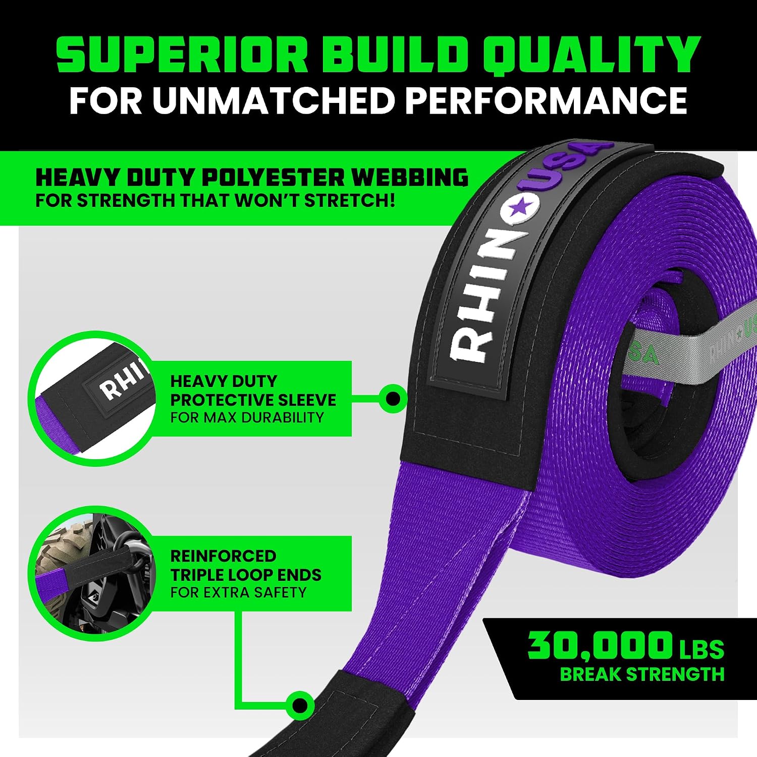 Rhino USA Recovery Tow Strap (3in x 30ft) - 31,518lb Heavy Duty Towing | 31,518lb Break Strength Emergency Tow Strap, Extended 30ft Length. For Truck, UTV, ATV & Jeep Offroad Recovery. Black