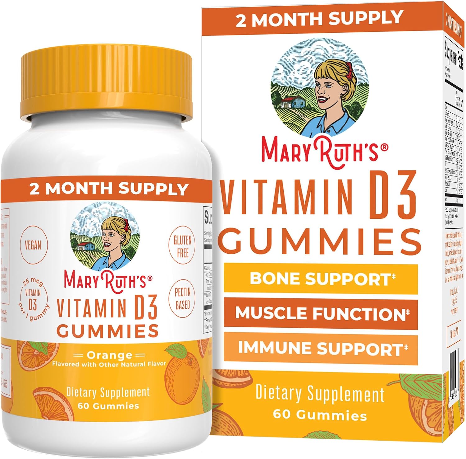 MARYRUTH'S Vitamin D3 Gummies, Adults & Kids Vitamin D, 60 Servings, Vegan | 2 Month Supply, Immune Support Supplement, 1000IU for Bone Health & Muscle Function, Vegan, Non-GMO, Gluten Free, 60 Count