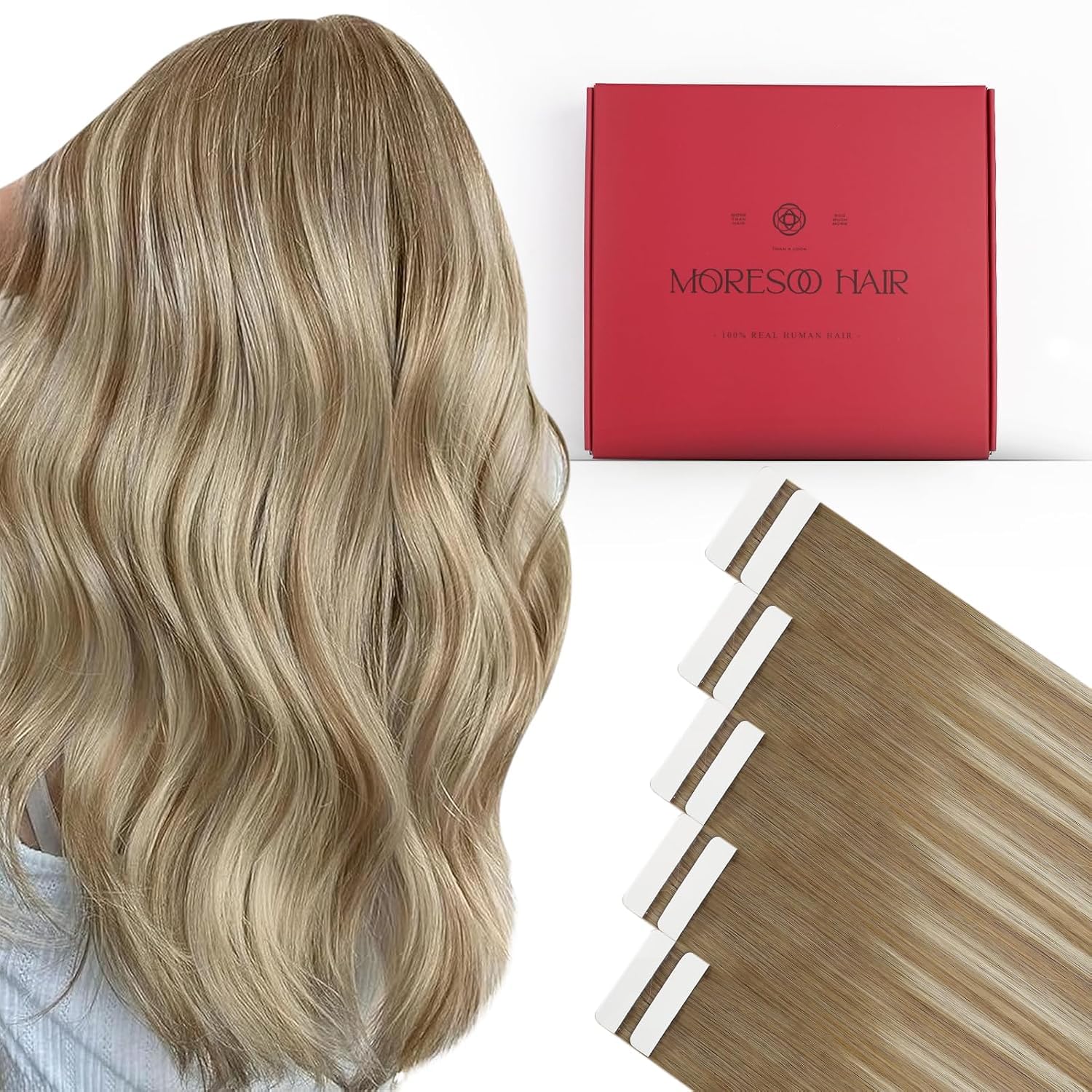 Moresoo Black Tape in Hair Extensions Human Hair, 18 Inch, 20Pcs, 50g