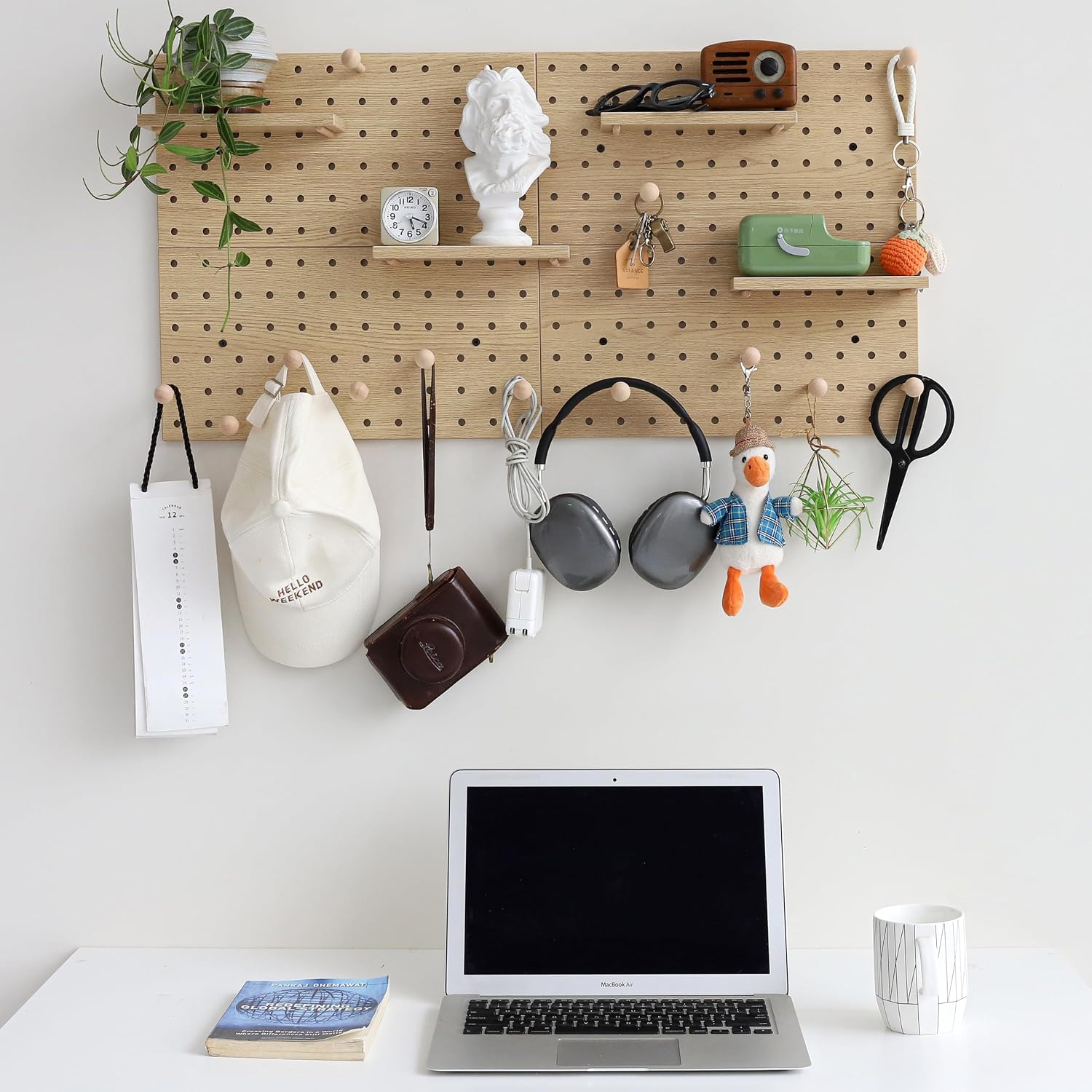 Wooden Pegboard Modular Display Organization Storage Wall Hooks Shelf(Color:Oak)