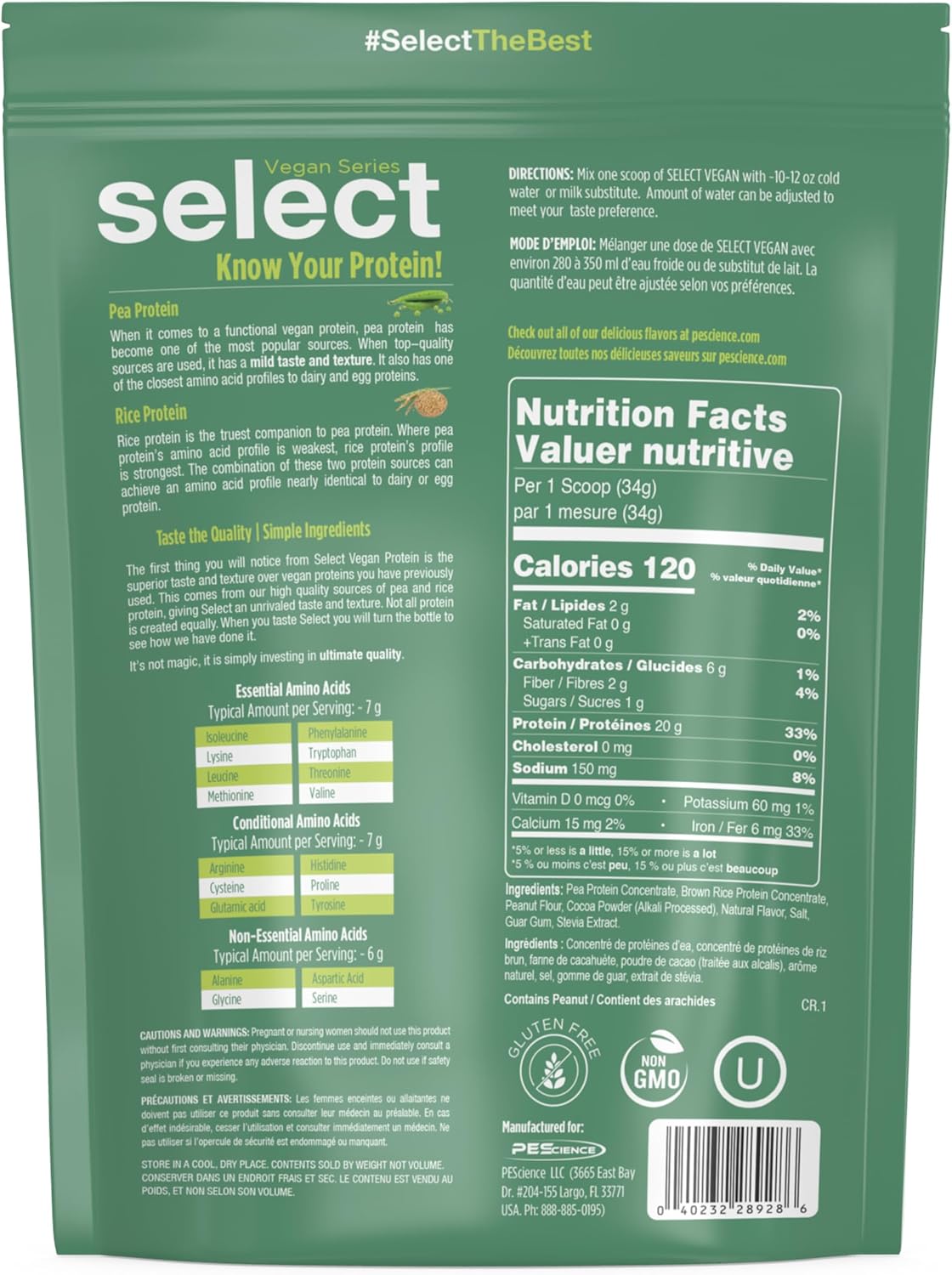 PEScience Select Vegan Protein Powder, Peanut Butter Delight, 27 Servings | Plant Based Protein Powder, Pea and Brown Rice Blend, Dairy Free, Lactose Free, Gluten Free