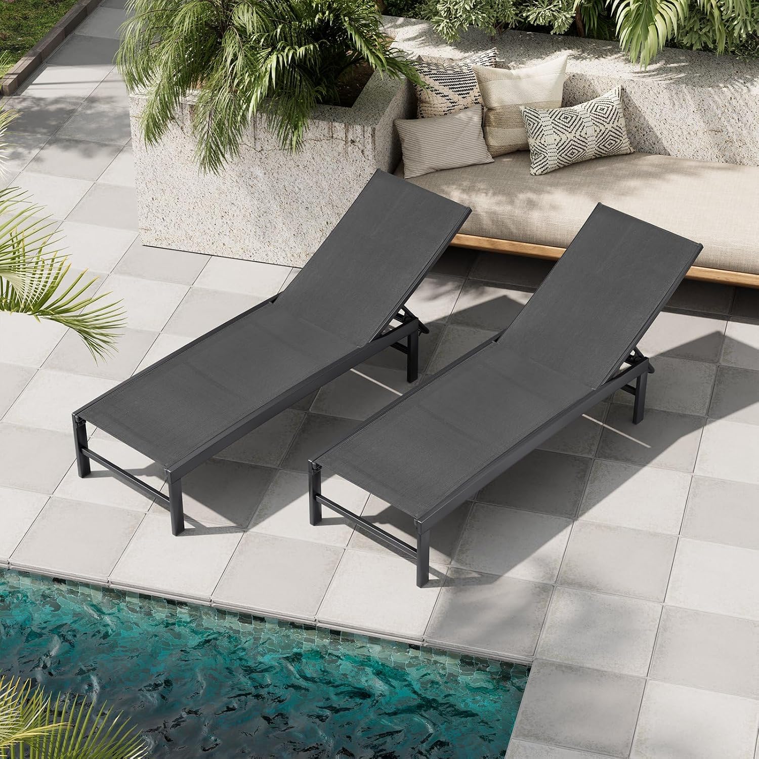Crestlive Products Outdoor Pool Lounge Chairs Set of 2 with Side Table, Adjustable Five-Position Recliner for Beach, Pool, Sunbathing, Lawn