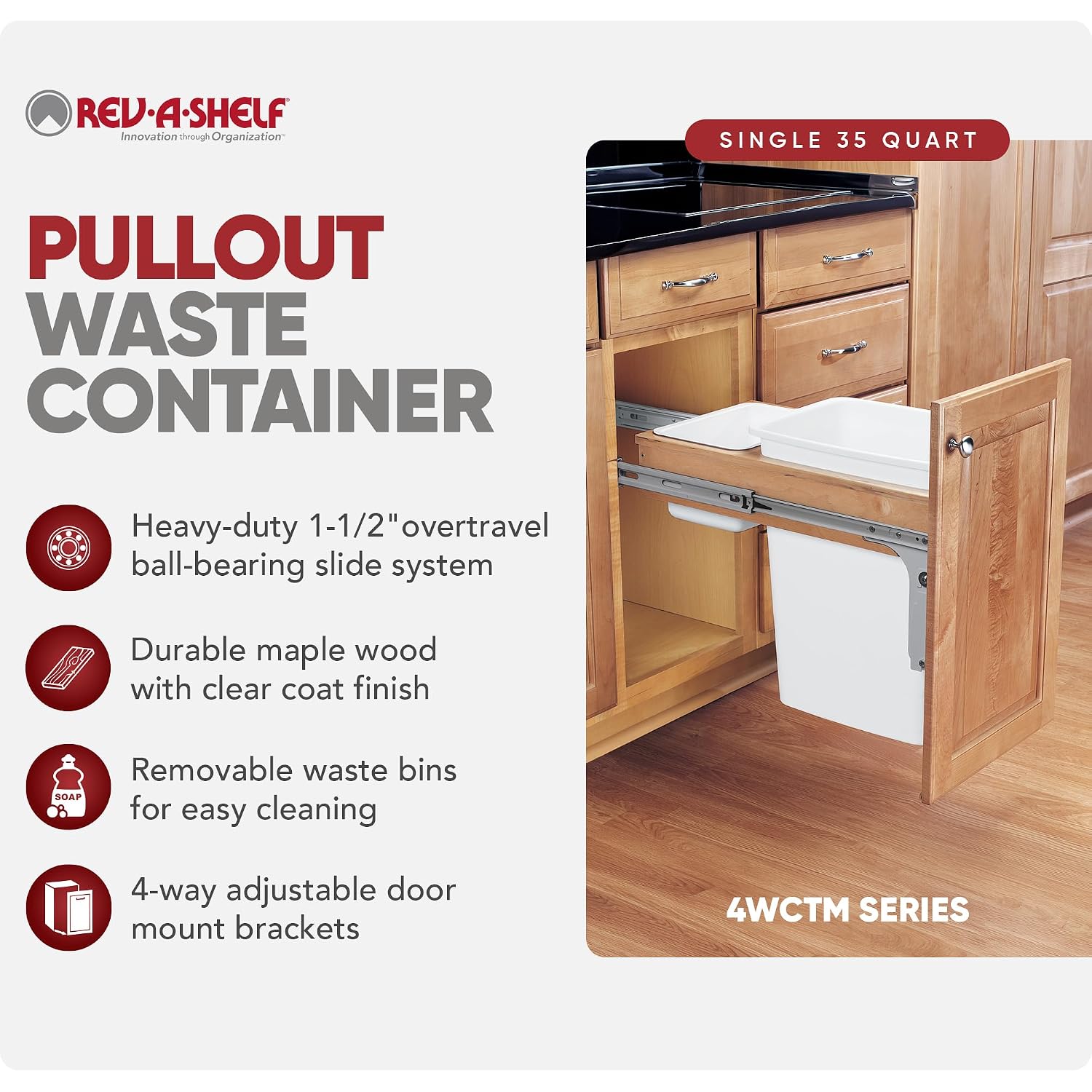 Rev-A-Shelf Top Mount Double Pullout Under Cabinet 50 Quart Kitchen Trash Cans w/Soft-Close for Full Height Cabinet, 150 Pound Rated Full-Extension Slides, 4WCTM-2150BBSCDM-2
