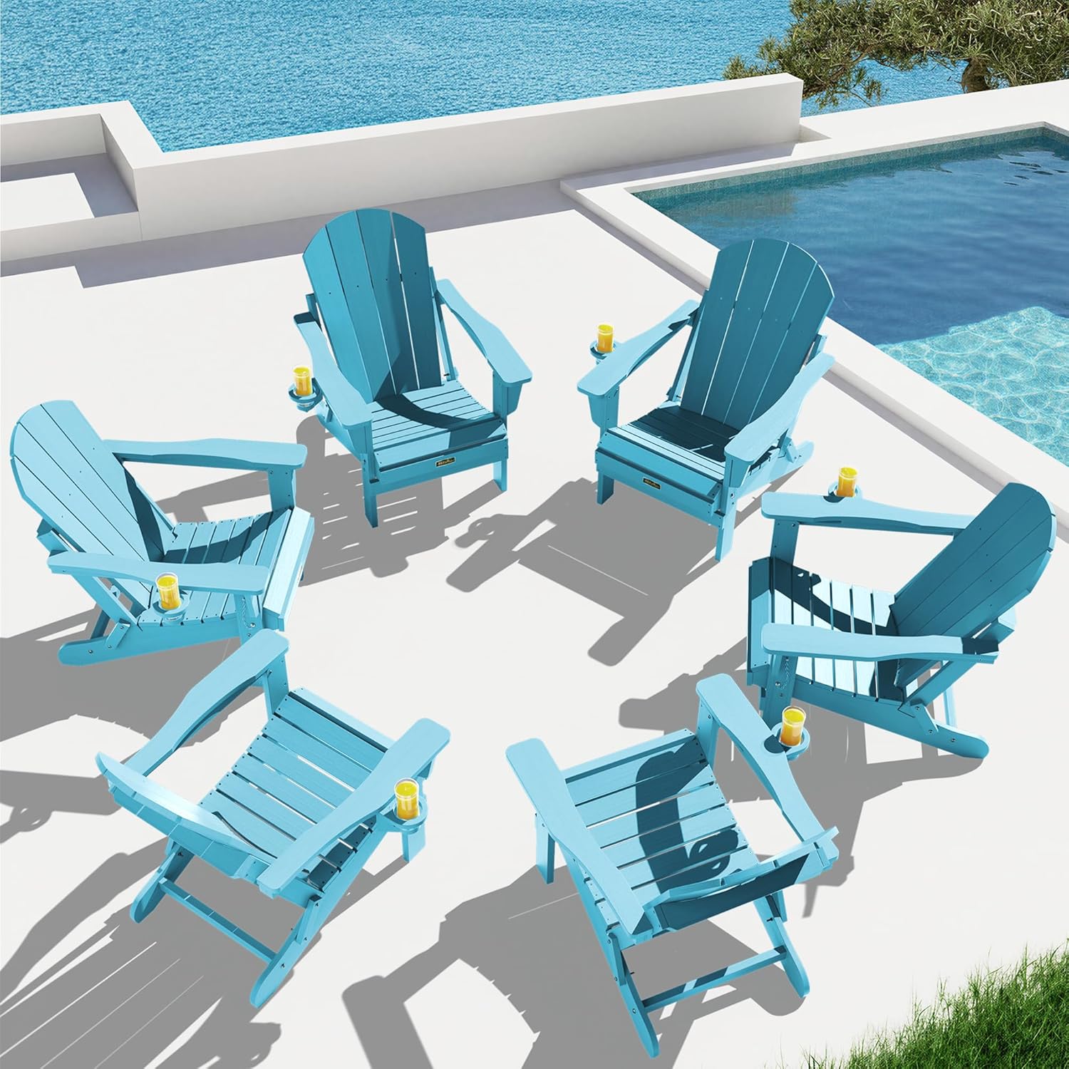 SERWALL Folding Adirondack Chairs with Cup Holder, Outdoor Fire Pit - Blue