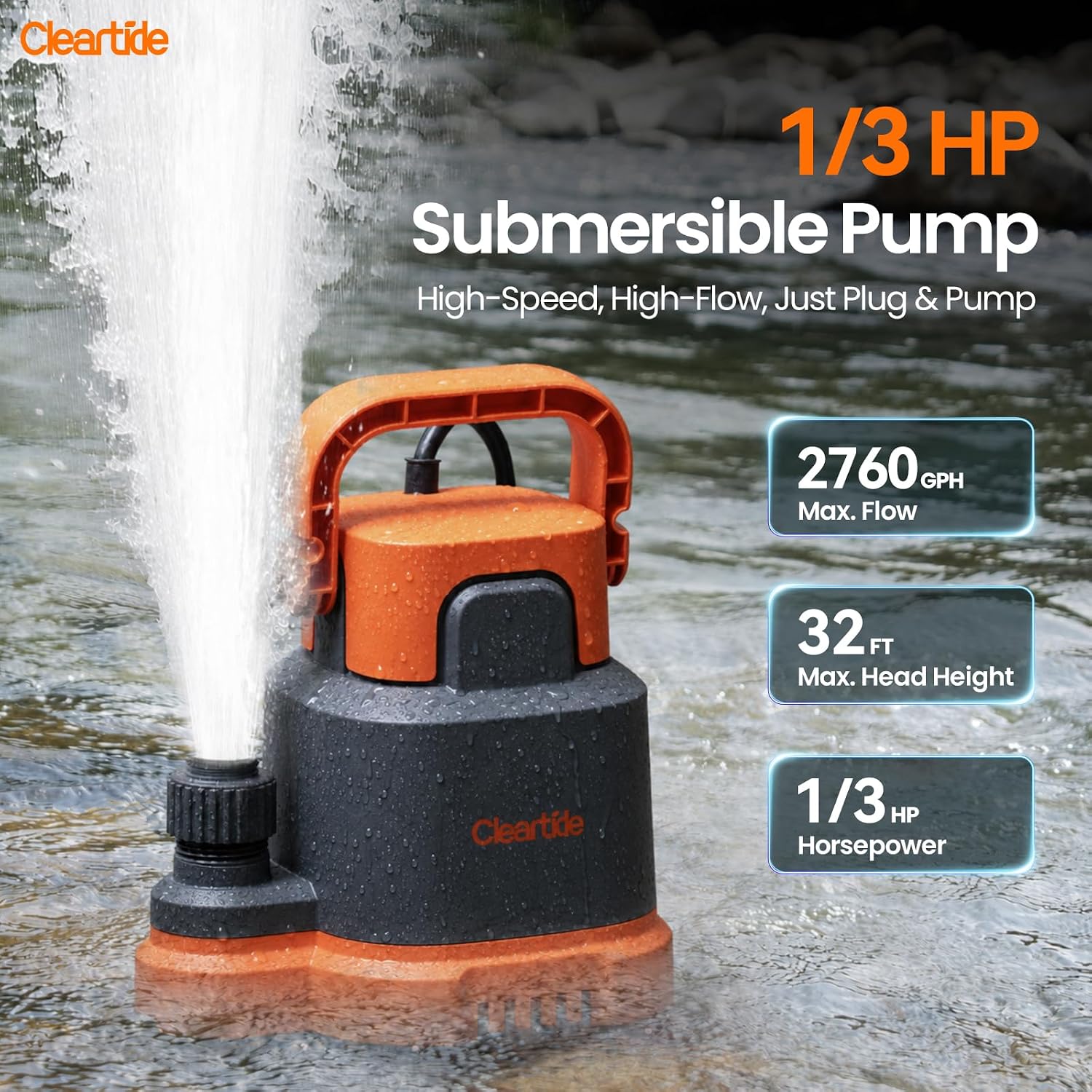 Submersible Utility Water Pump, 2400 GPH Portable Sump Pump with Copper Motor, Plug and Work for Pond, Garden Watering, Pool Transfer, Hot Tub Emptying
