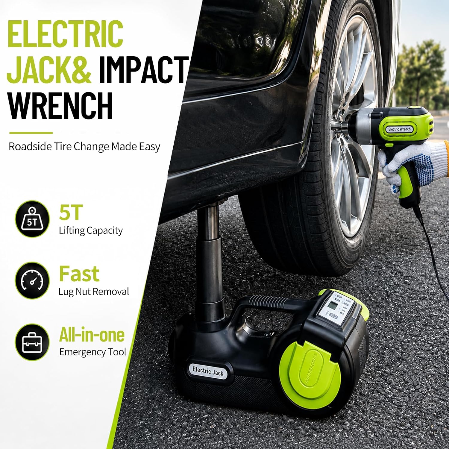 E-HEELP Electric Car Jack Kit 5 Ton 12V with Impact Wrench, 6.1-17.7 in