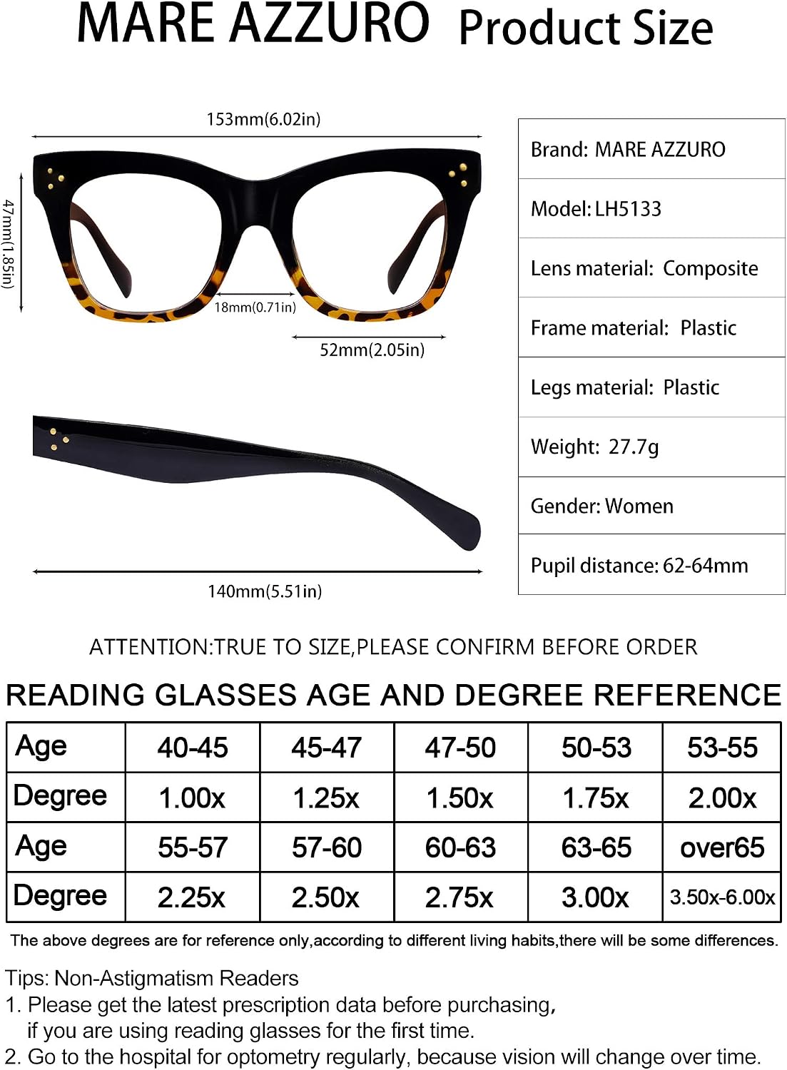 MARE AZZURO Oversized Reading Glasses Women Trendy Large Readers 0 1.0 1.25 1.5 1.75 2.0 2.25 2.5 2.75 3.0 3.5 4.0 5.0 6.0 (Black, 250)