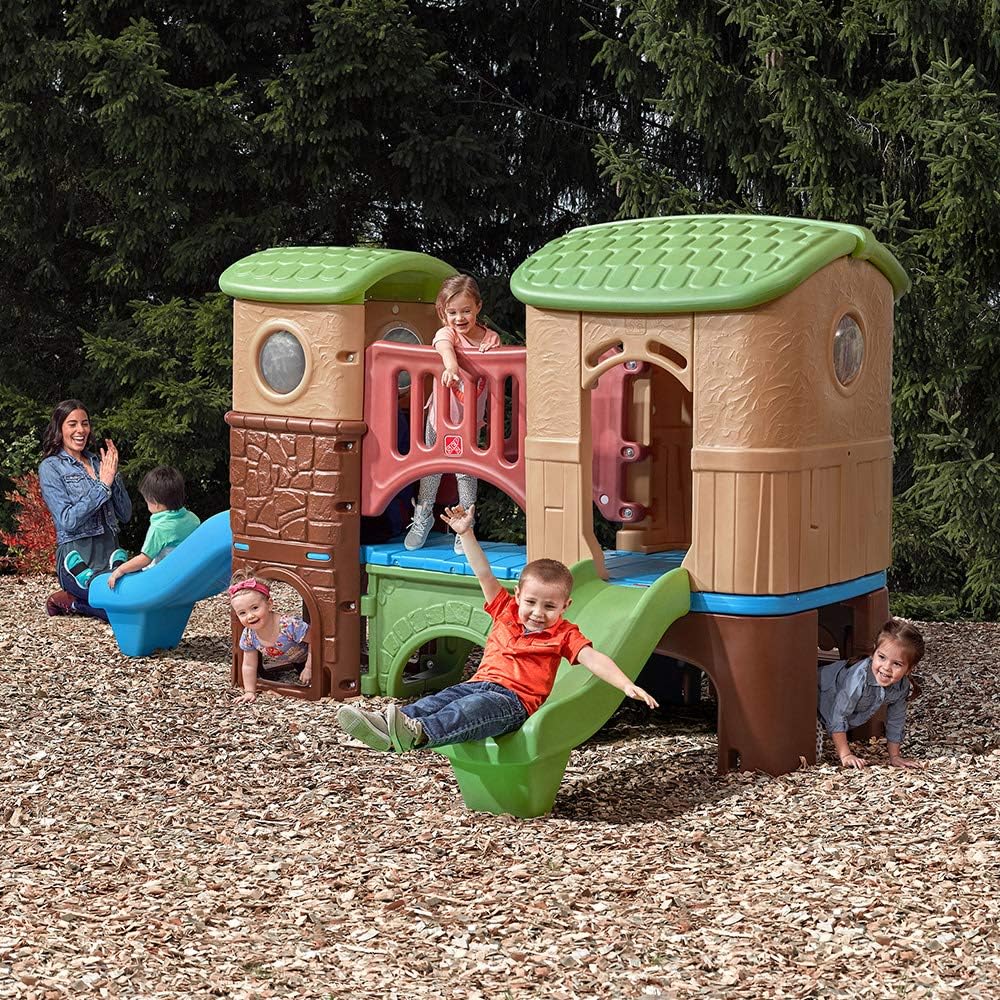 Step2 Clubhouse Climber Playset for Kids, Jungle Gym with Elevated Playhouse, Outdoor Backyard Playground Set, Two Toddler Slides