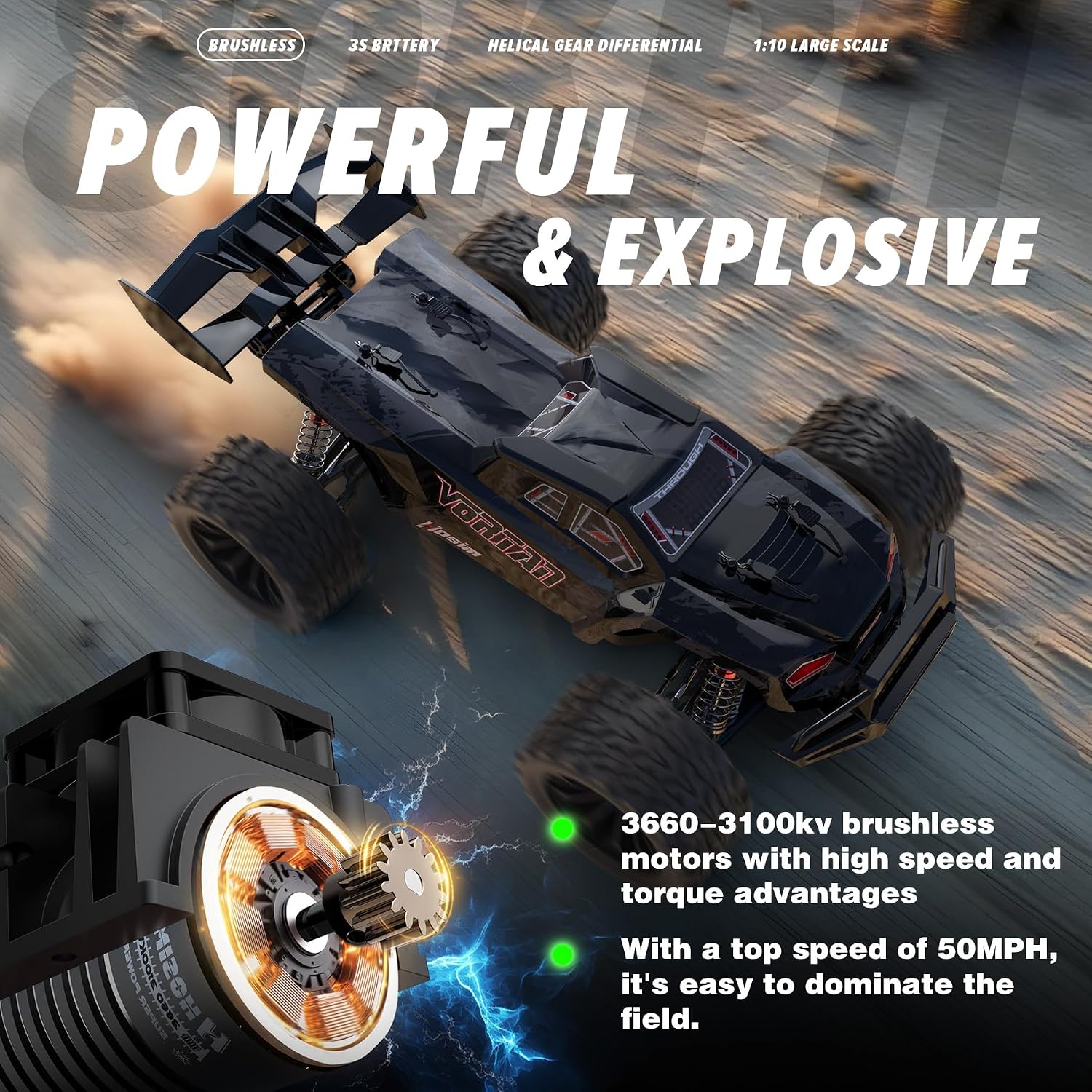 Hosim Mini 1:8 Brushless RC Cars for Adults, VEXARO 50+MPH Fast RC Trucks | 3660 3100KV Brushless Motor & 80A ESC, 2* 2600mAh 3S Lipo, Chrome Steel Central Transmission, All-Metal Oil-filled Shocks