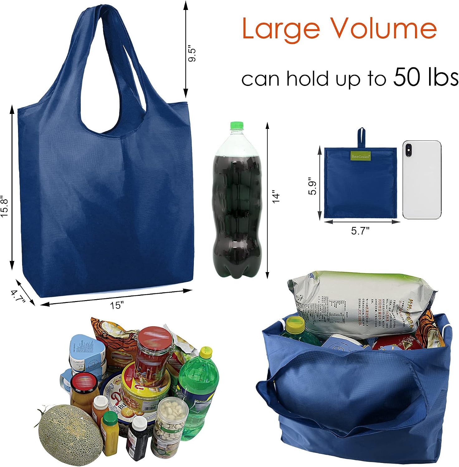 BeeGreen Grocery Bags | Reusable Gift Bags, Large Tote for Women & Foldable Beach Bag - 6 Pack Reusable Bag With Handles | Collapsible Cute Cloth Storage for Market, Holiday & Shopping | Washable​