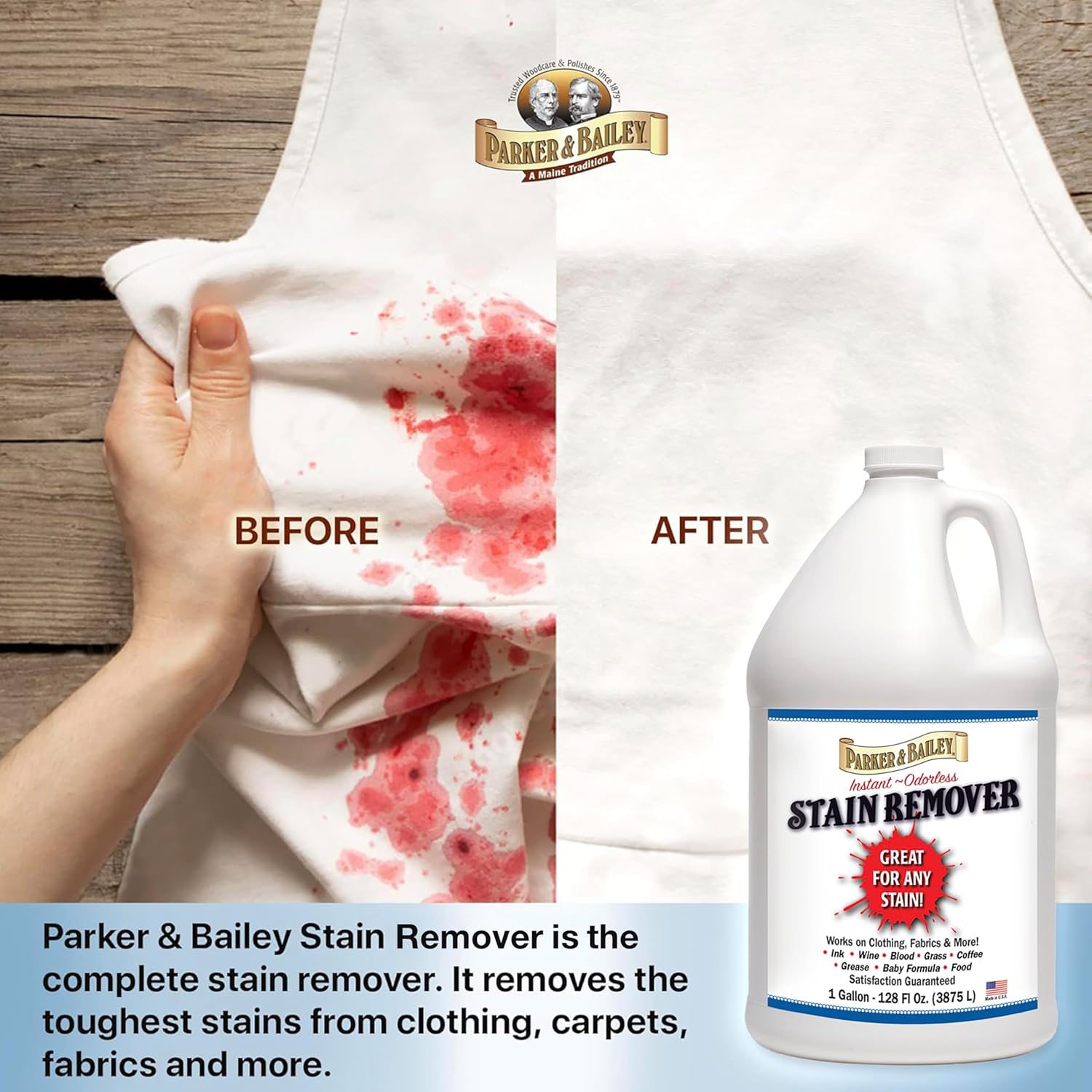 Parker & Bailey Liquid Stain Remover - Instant Stain Removal on Laundry Clothing Fabric Ink Grease Blood Grass Coffee Wine Food Carpet Upholstery Spot Cleaner Odor Free Detergent Booster, 8oz